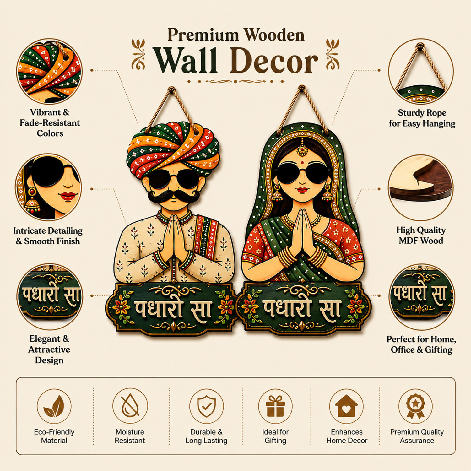 Image of TRANDORA Padharo Sa Welcome Sign Wooden Wall Hanging | Rajasthani Couple Decor Set Pack of 2