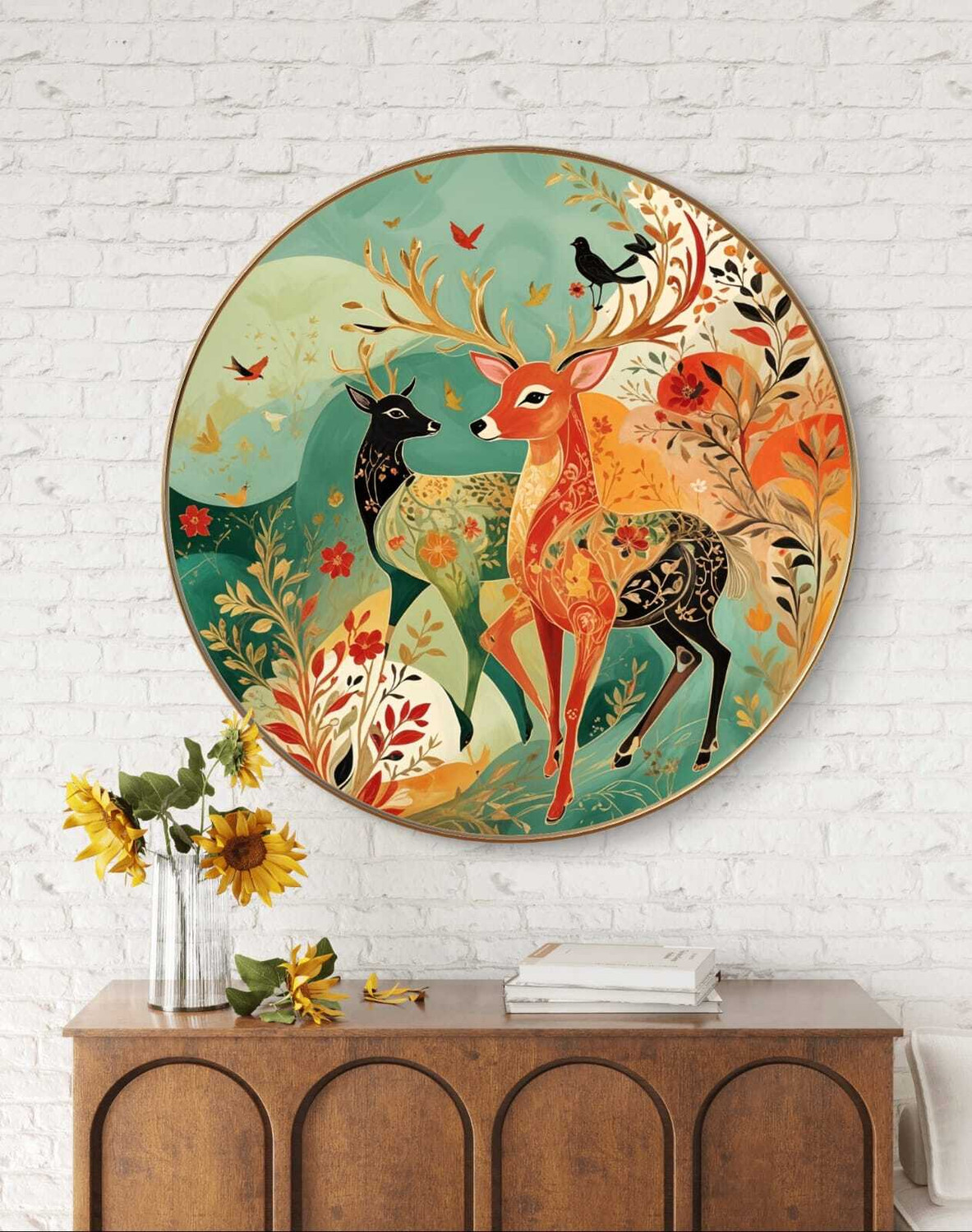 Image of SAF PRINT Deer Nature Round Wall Art | Colorful Folk Style Home Decor Painting