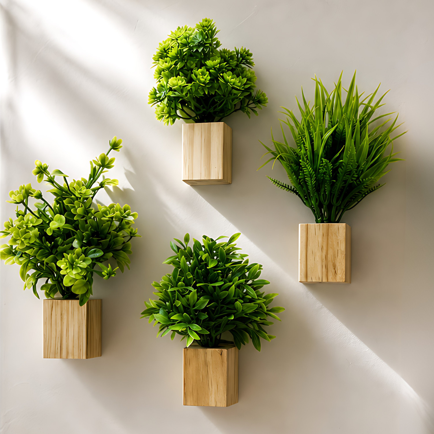 Image of PithavaStore Artificial Wall Mounted Plants Set of 4 with Wooden Pots | Home Decor Items Pack of 4