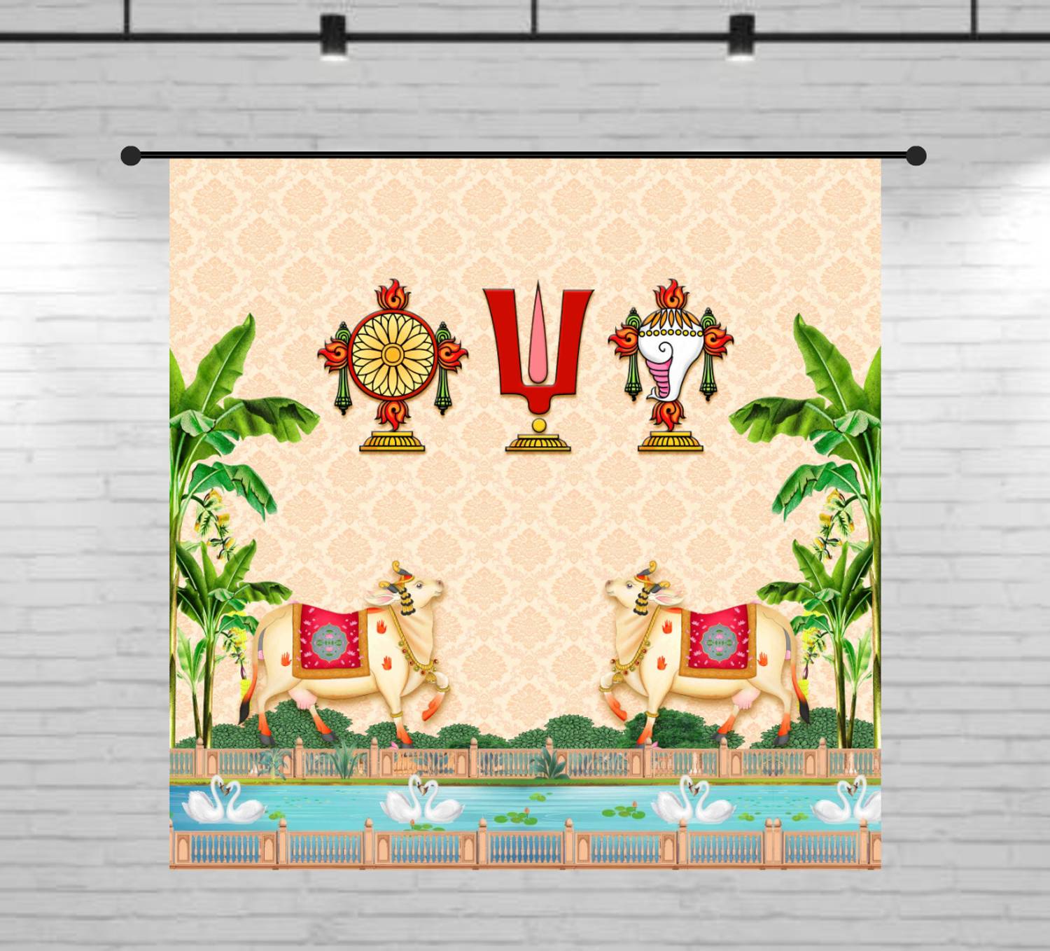 Tilak Shankham ChakraBackdrop HD Printed Pooja Backdrop Cloth 8Ft x 8Ft - Image 3