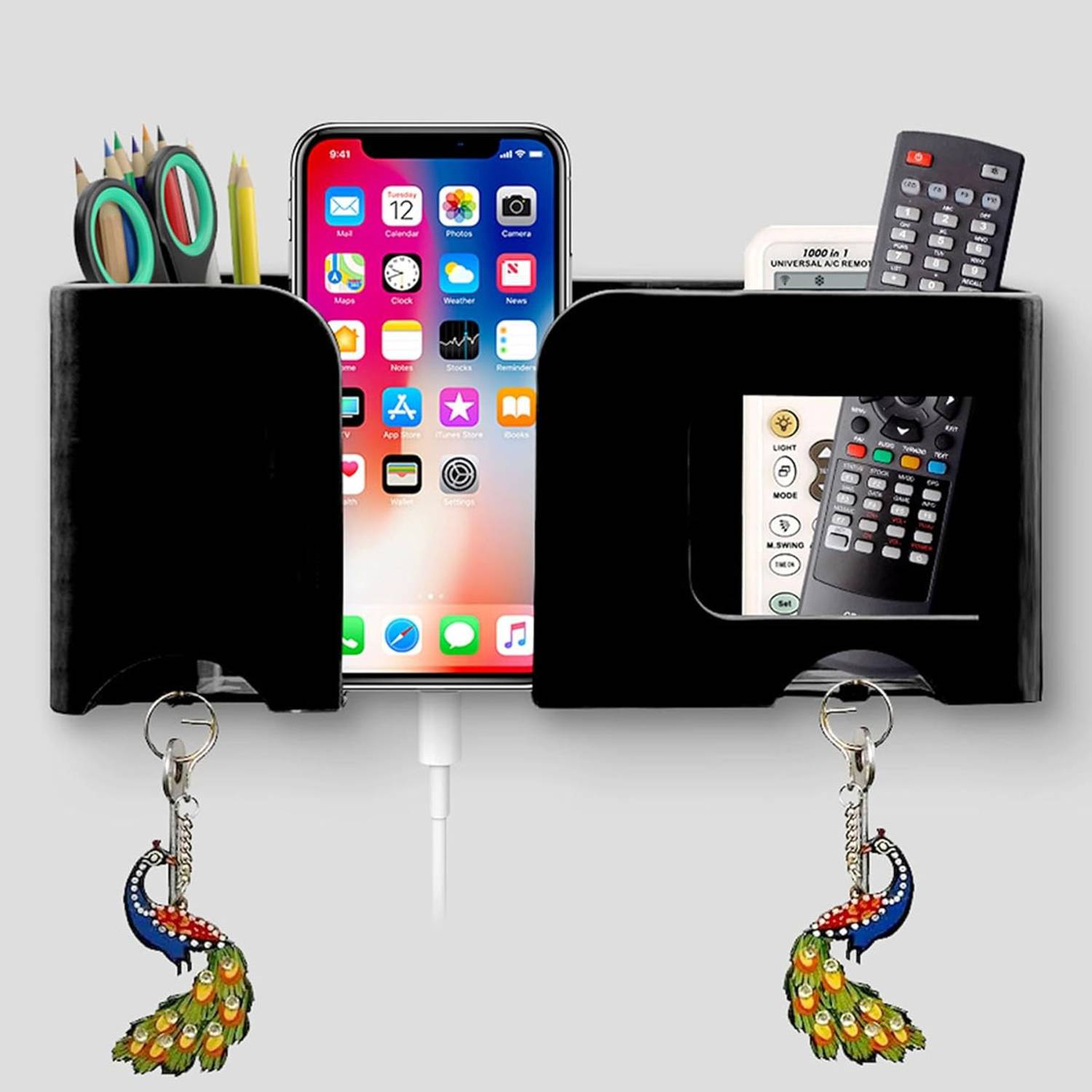 Brazilian Wall Mount Mobile Stand Remote Stand with Extra Space for 2 Mobiles - Black