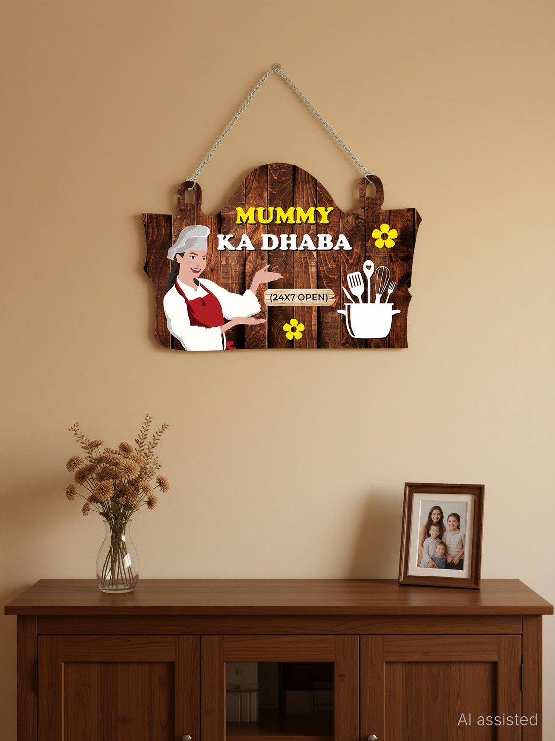 Image of Decor Smart Wooden Wall Hanging Mummy Ka Dhaba | Funny Kitchen Dining Wall Decor (DWA 3711)