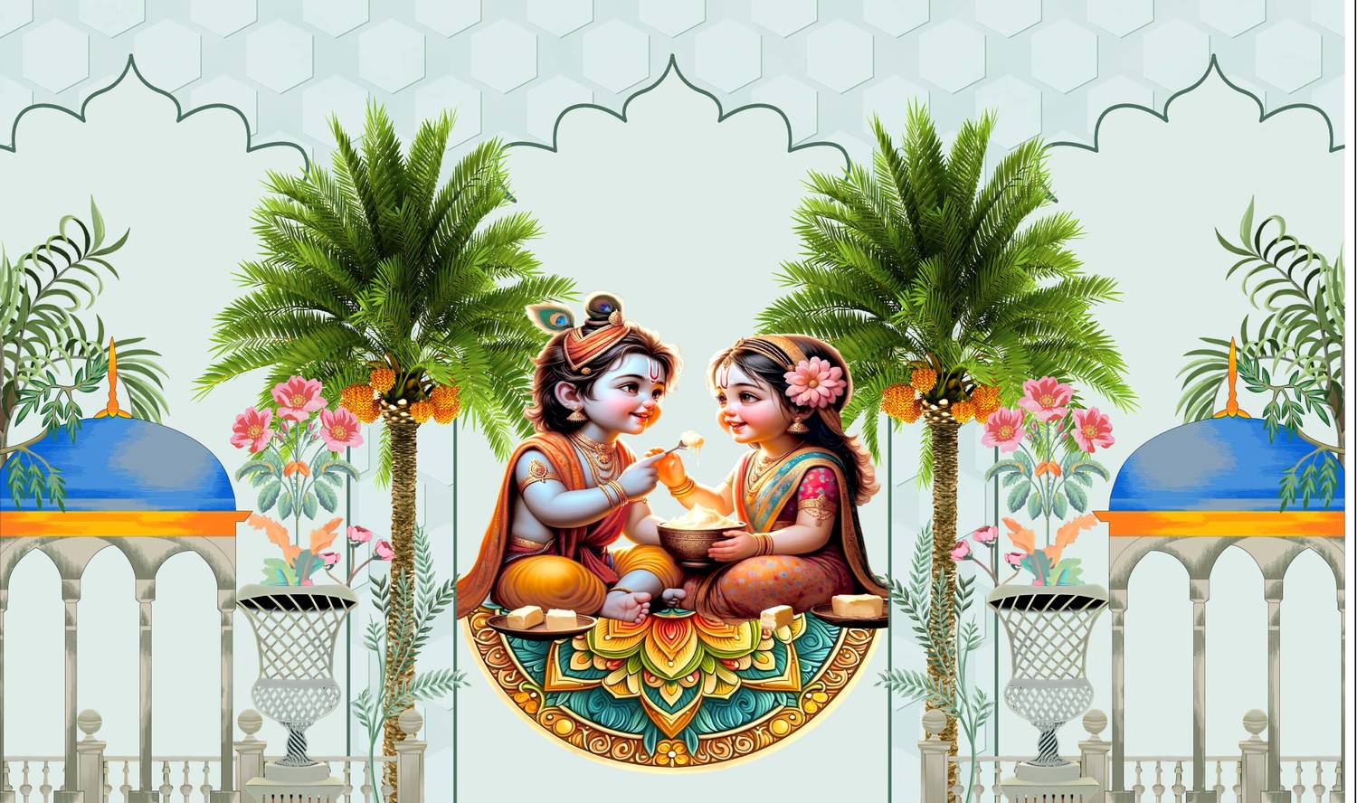 Backdropon Cute Little Radha Krishna Design Printed Fabric Backdrop(5Ft Height & 8Ft width)