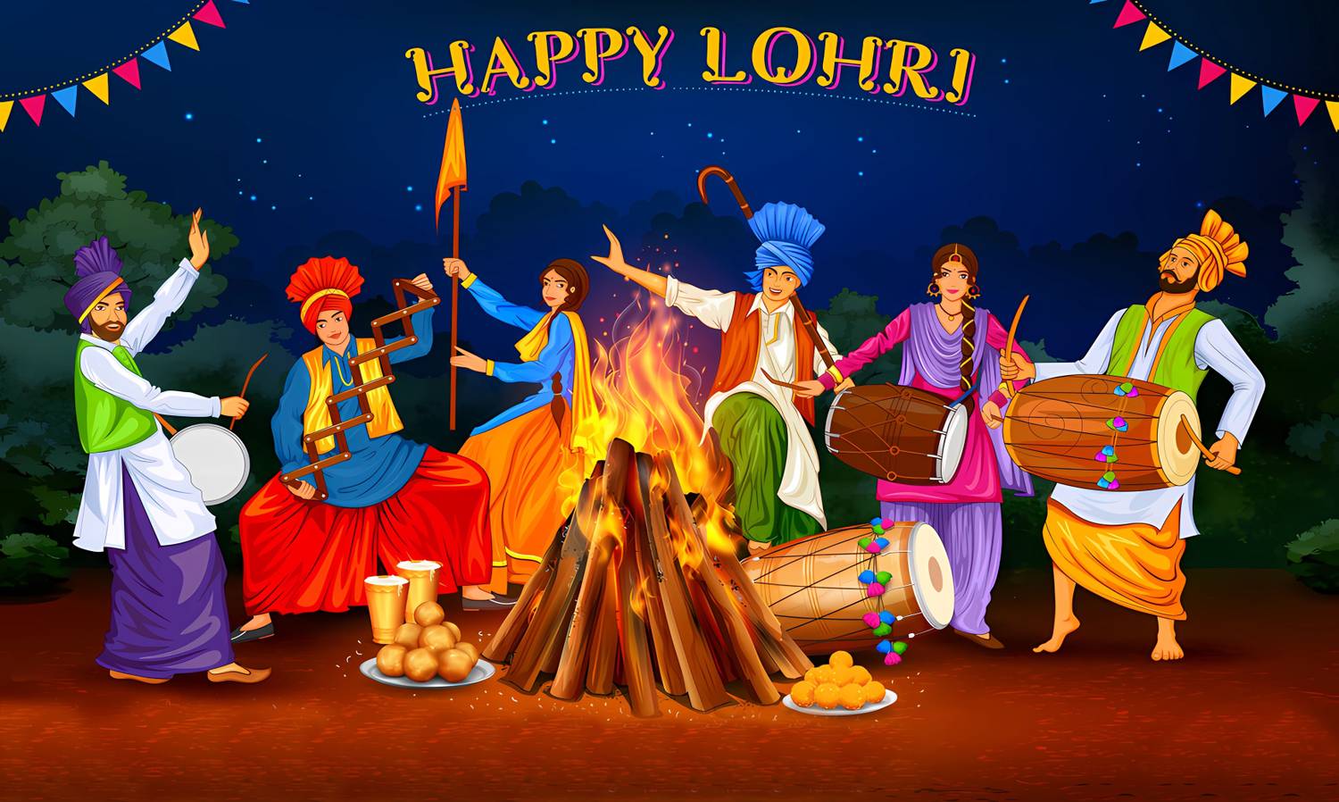 Backdropon Happy Lohri Festival Design Printed Fabric Backdrop (5Feet Height & 8Feet width)