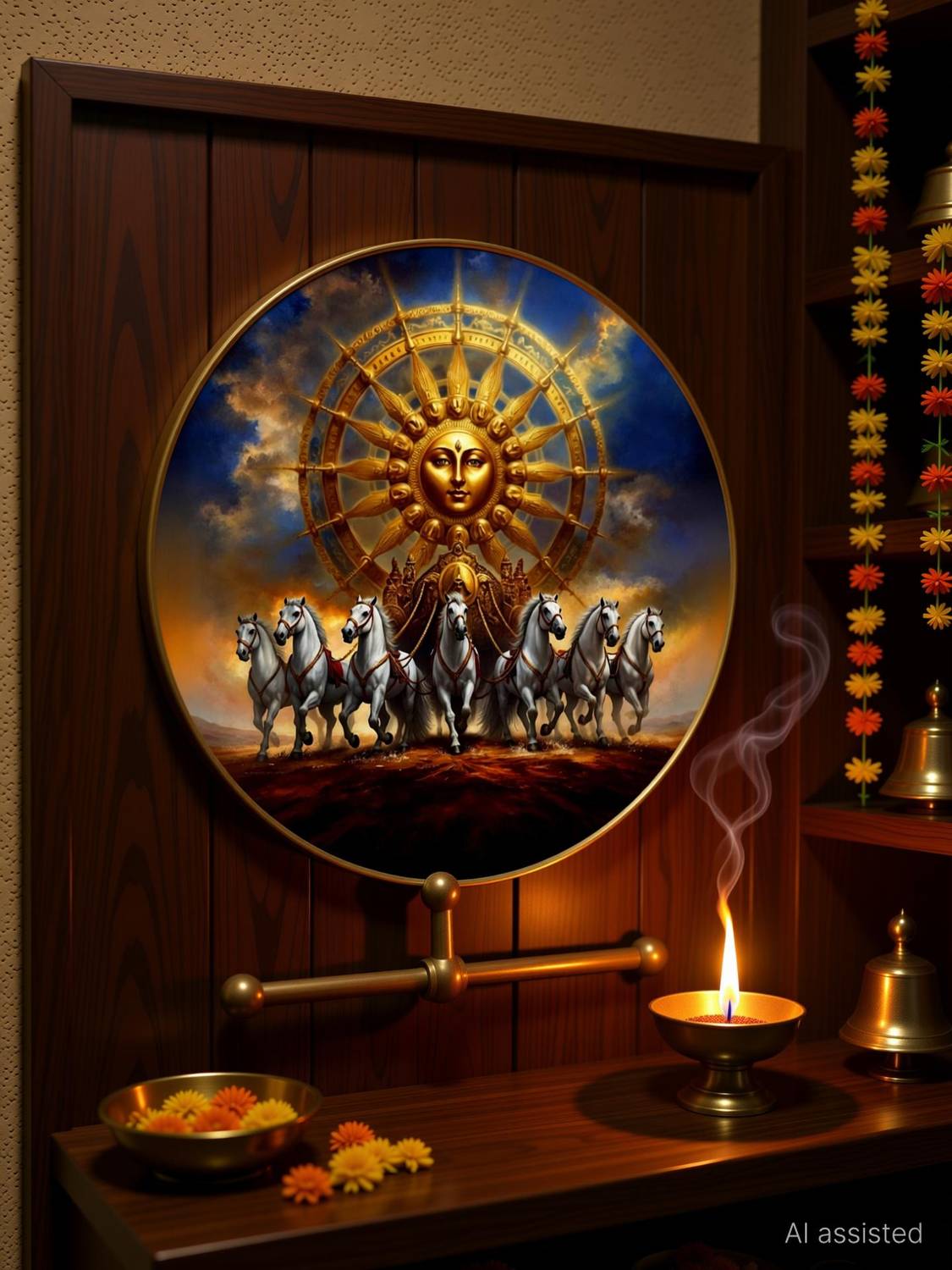 Aartify Surya Dev Chariot with Seven Horses Wall Art | Round MDF Artwork & Golden Frame Digital Reprint 20 inch x 20 inch Painting