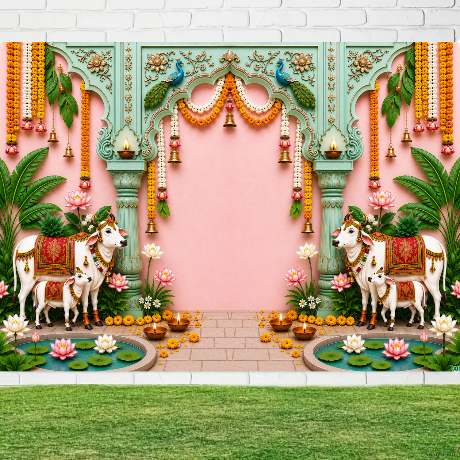 Image of Swayansh Cow and Lotus Temple Arch Backdrop Cloth for Photography, Puja Decoration, Katha