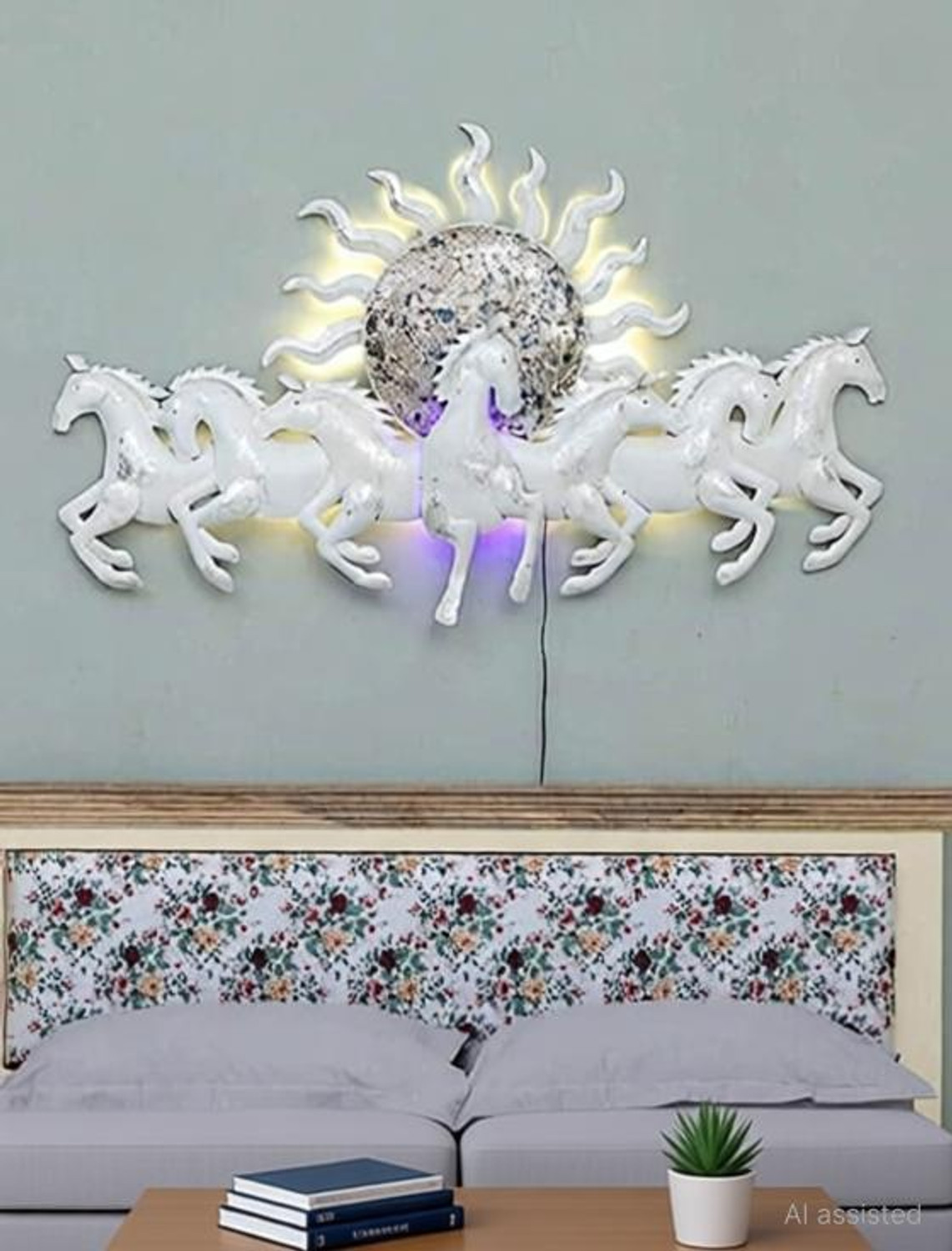 Image of Vfrills Metal White Seven Horses Running with Sunrise and LED Light (Size 48*28 inches)