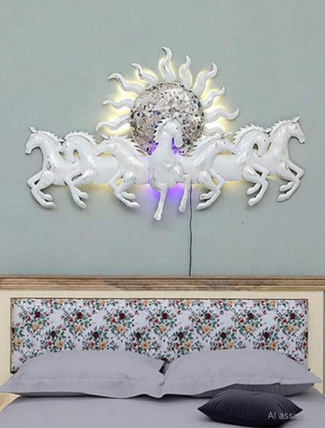Image of Vfrills Metal White Seven Horses Running with Sunrise and LED Light (Size 48*28 inches)