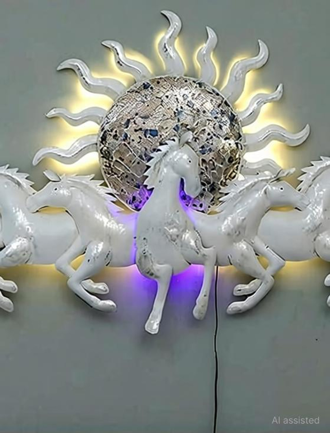 Image of Vfrills Metal White Seven Horses Running with Sunrise and LED Light (Size 48*28 inches)