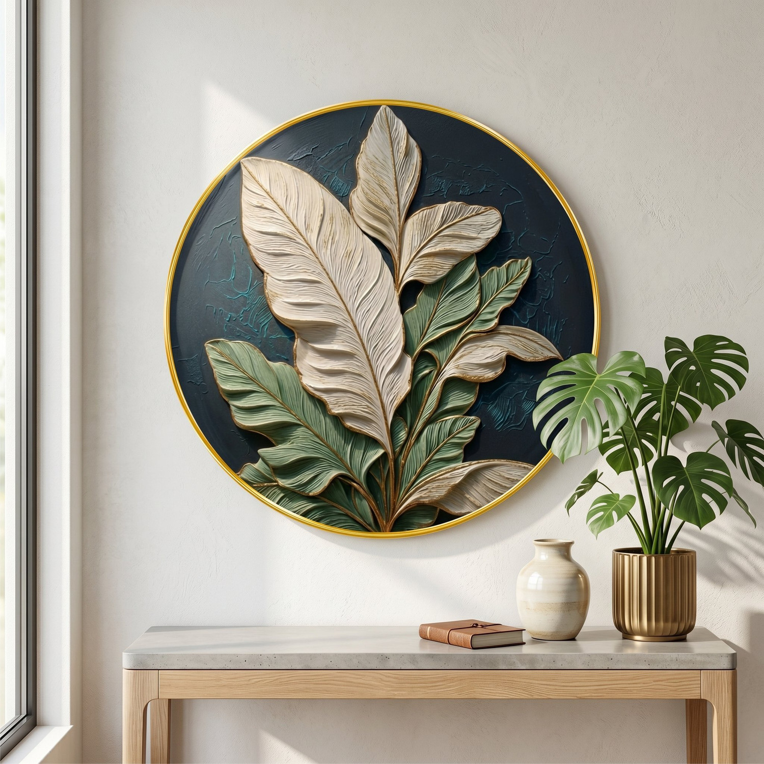 Image of saf 3D Leaf Textured Round Wall Painting with Golden PVC Frame Decor
