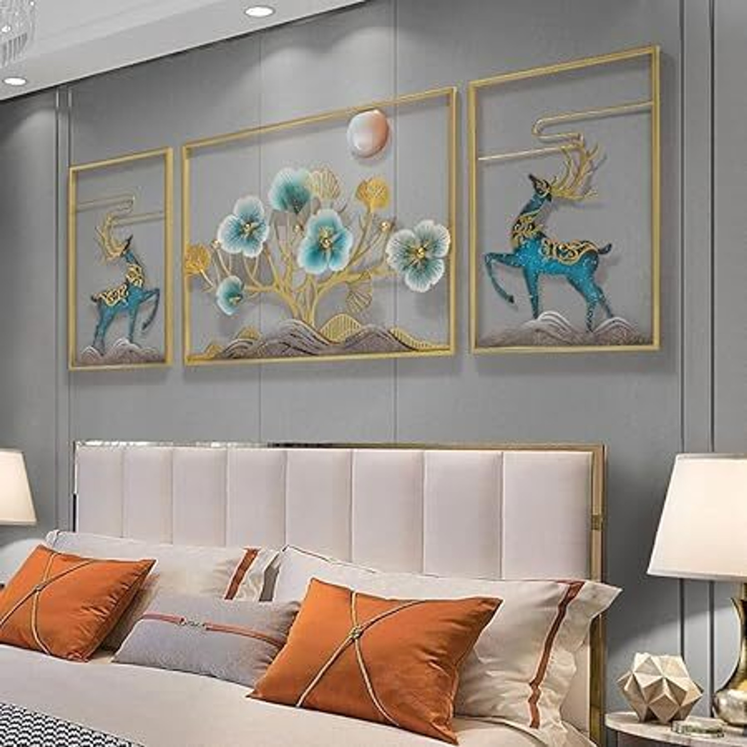 Image of TAHandicrafts 3D Ginkgo Leaves and Deer Metal Wall Art Decor, Handmade Wall Hanging Sculpture 3D Painting 50 inch x 20 inch Painting