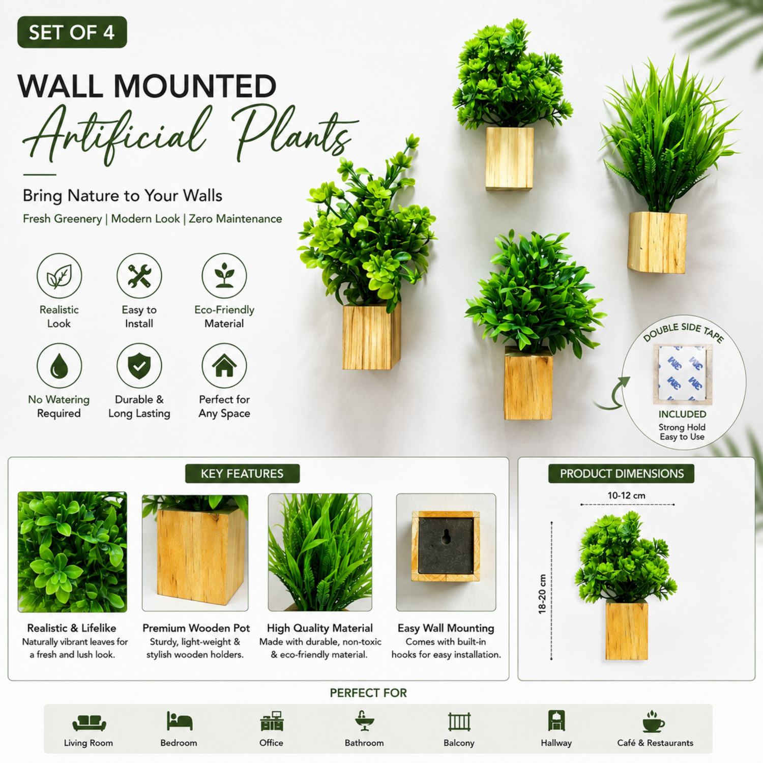 Image of PithavaStore Artificial Wall Mounted Plants Set of 4 with Wooden Pots | Home Decor Items Pack of 4