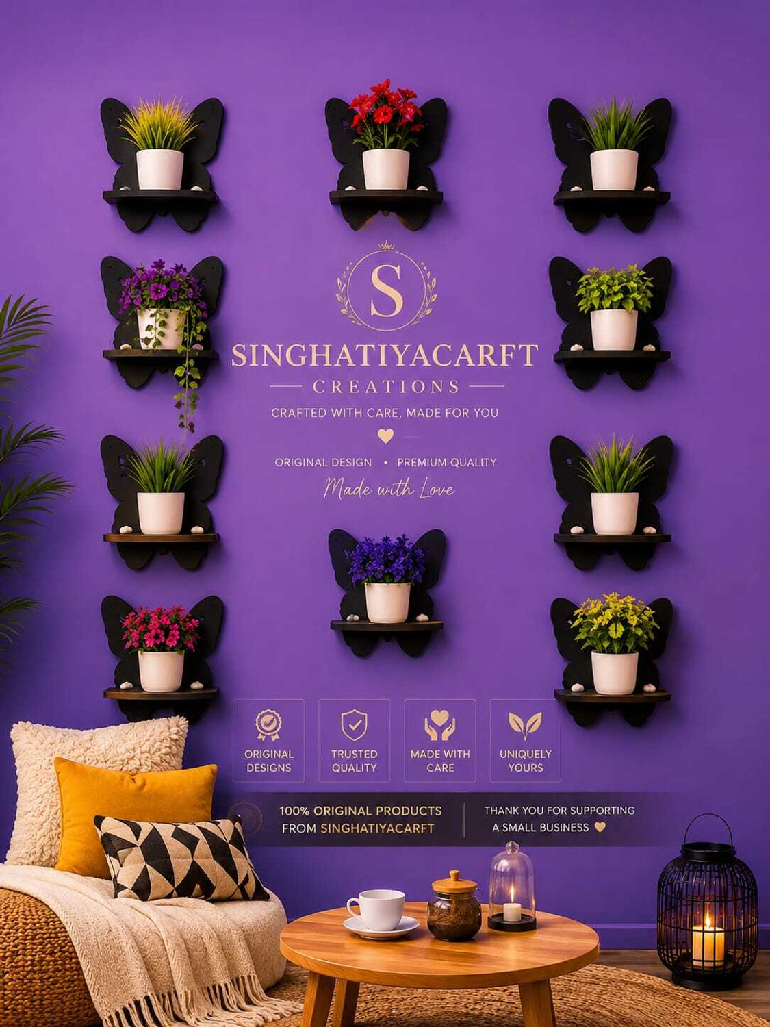 Image of SINGHATIYA CARFT Butterfly Wall Shelf for Home Decor | Wooden Floating Wall Mounted Plant Stand. Pack of 8