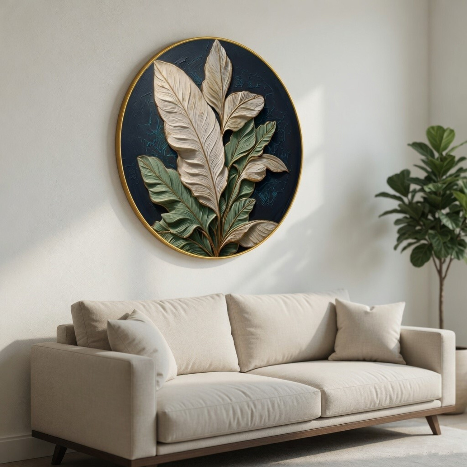 Image of saf 3D Leaf Textured Round Wall Painting with Golden PVC Frame Decor