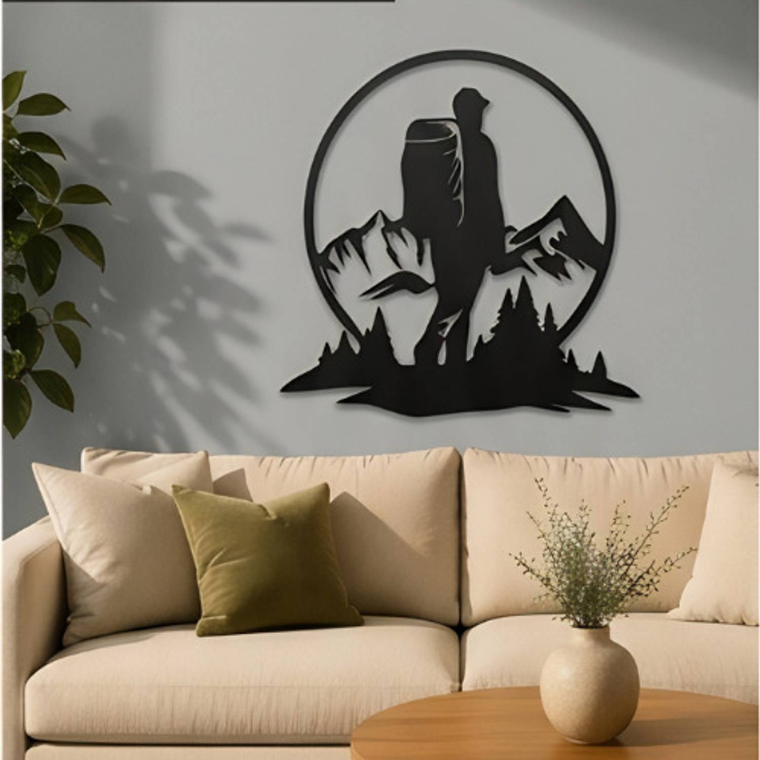 AakritiAura Hiker Mountain Wall Art 18 Inch Round Black MDF Woo