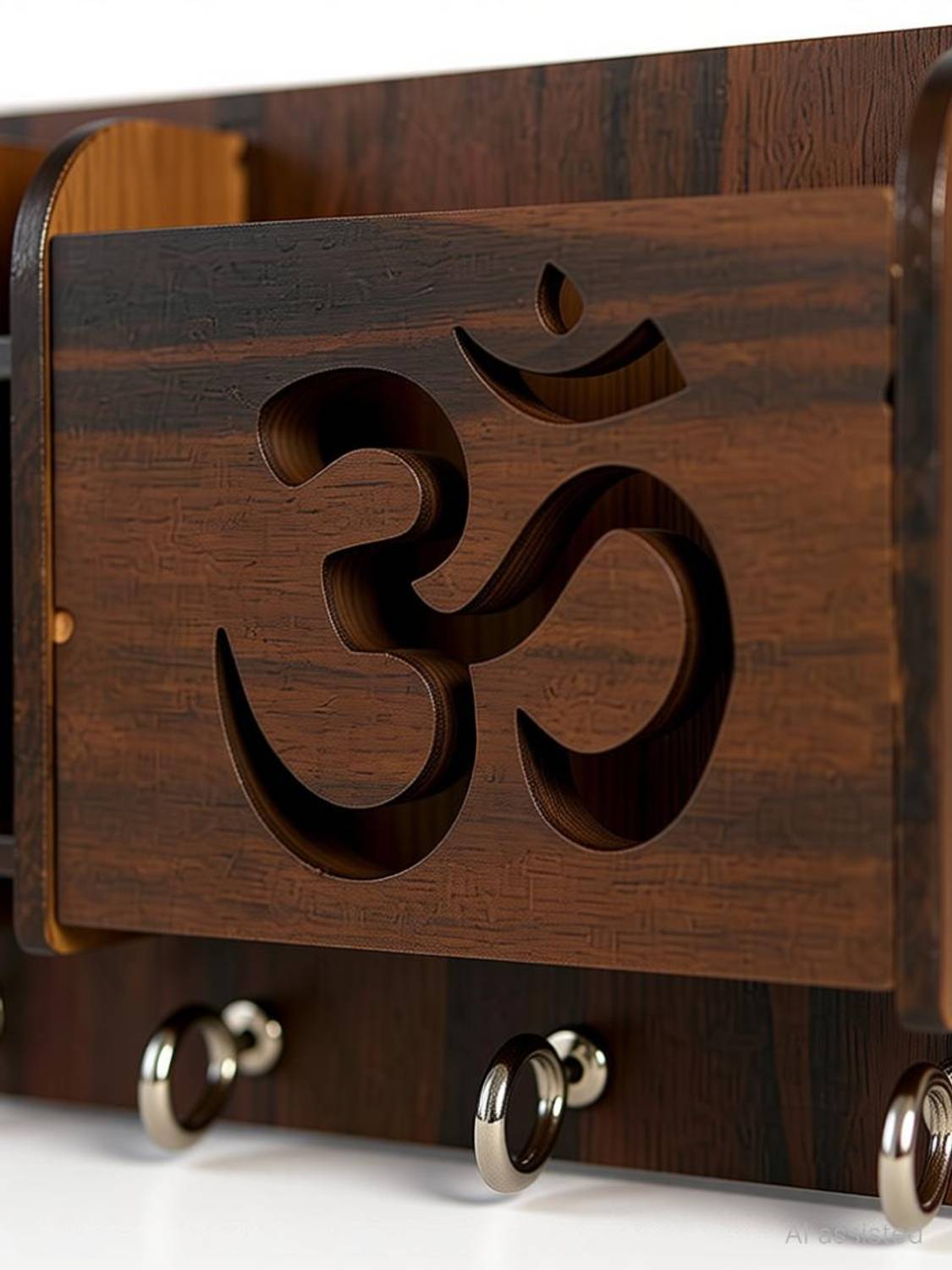 ANJANAM SALES Wooden Om swastik key Hanger with 2 pocket Mobile/Pen stand (6 Hooks)