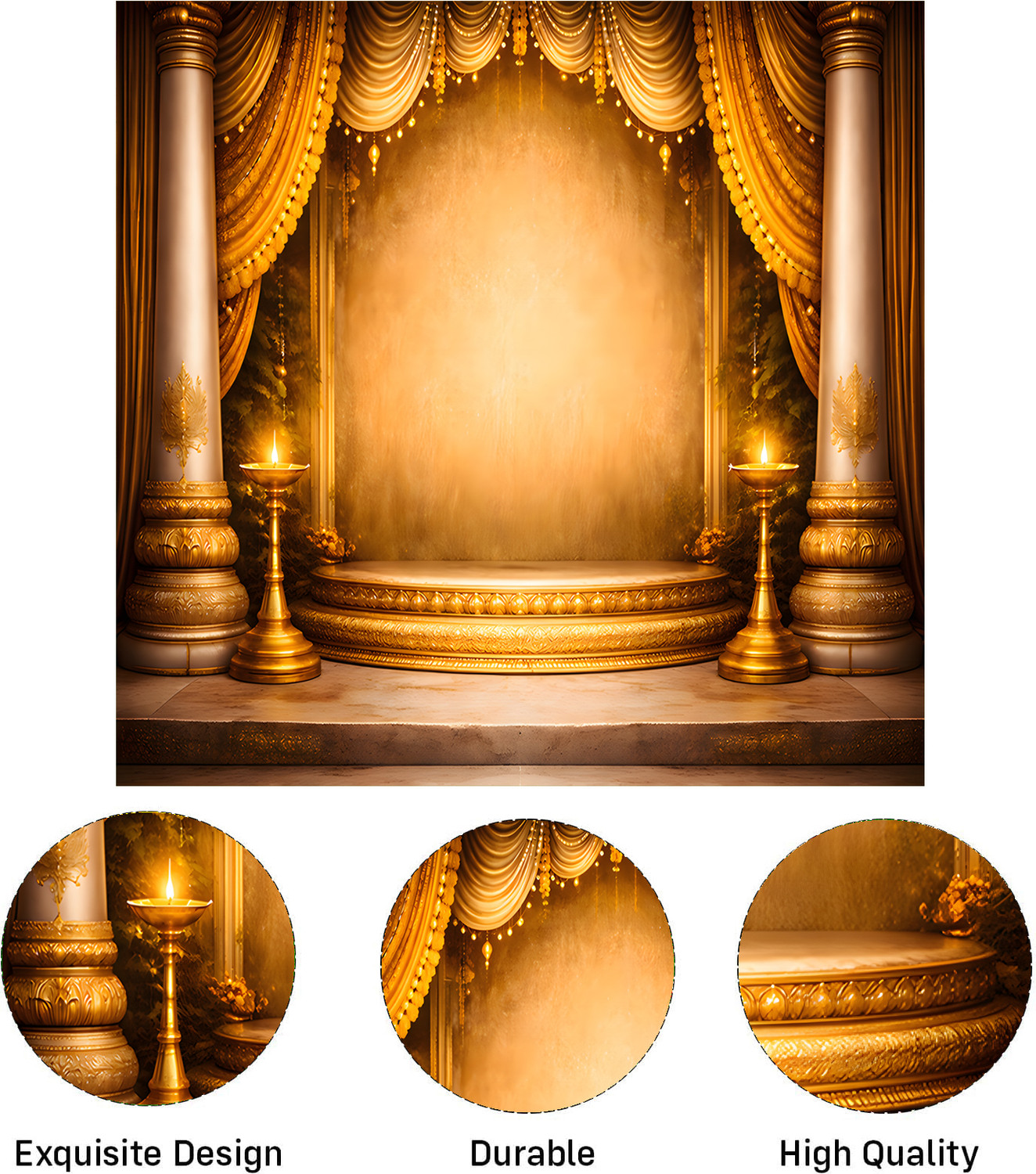 Image of coolistic ecorative fabric backdrop featuring an Indian temple entrance with lotus