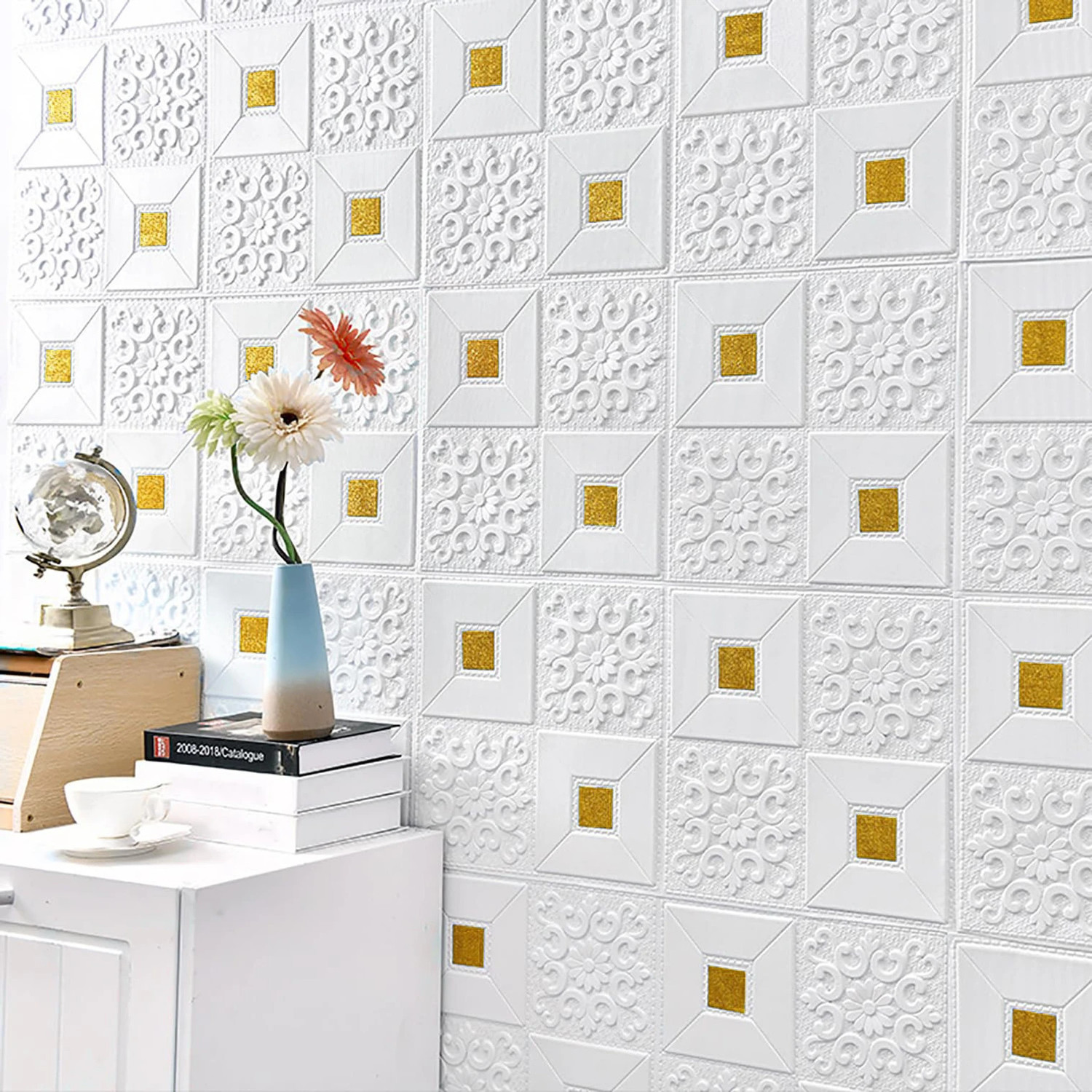 Image of Diseno Decorative White, Gold Wallpaper (70 cm x 70 cm) Pack Of 2 Pack of 2
