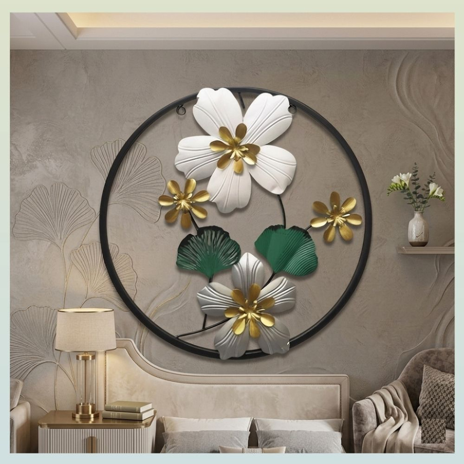 Image of THEDIVINEINN Luxury Metal Floral Wall Decor Hanging Artwork for Bedrooms