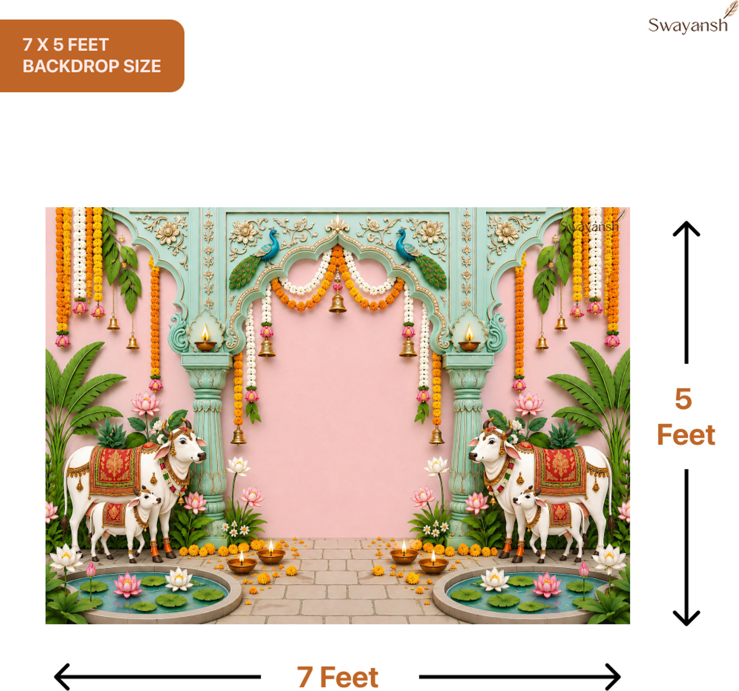 Image of Swayansh Cow and Lotus Temple Arch Backdrop Cloth for Photography, Puja Decoration, Katha