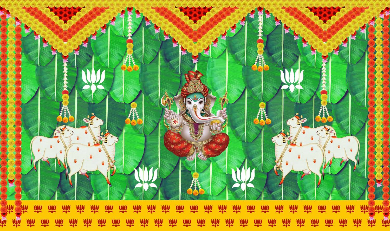 Backdropon Lord Ganesha Design Printed Fabric Backdrop (5Feet Height & 8Feet width)