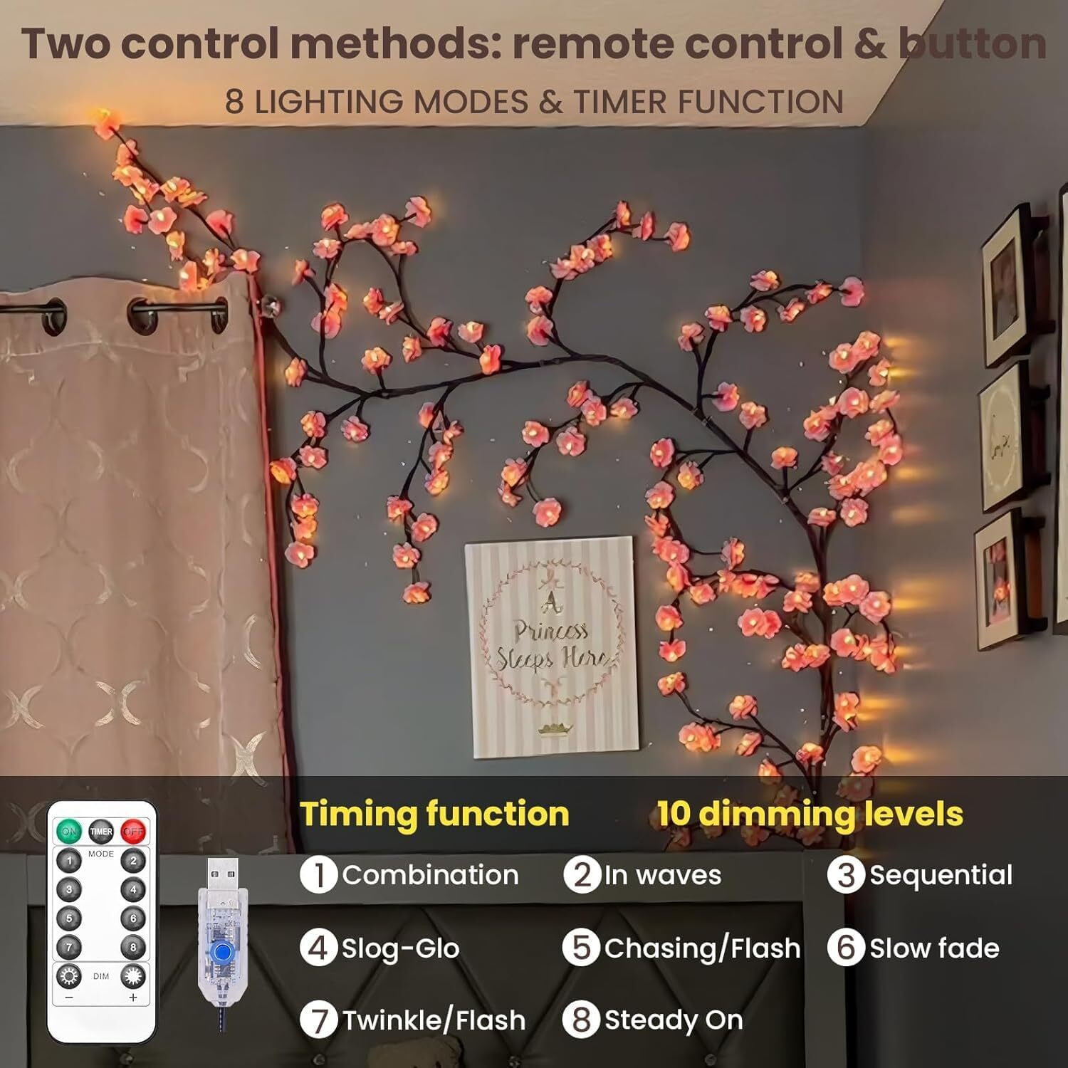 Image of Troliver Cherry Blossom Tree Branch Wall Decorative LED Light