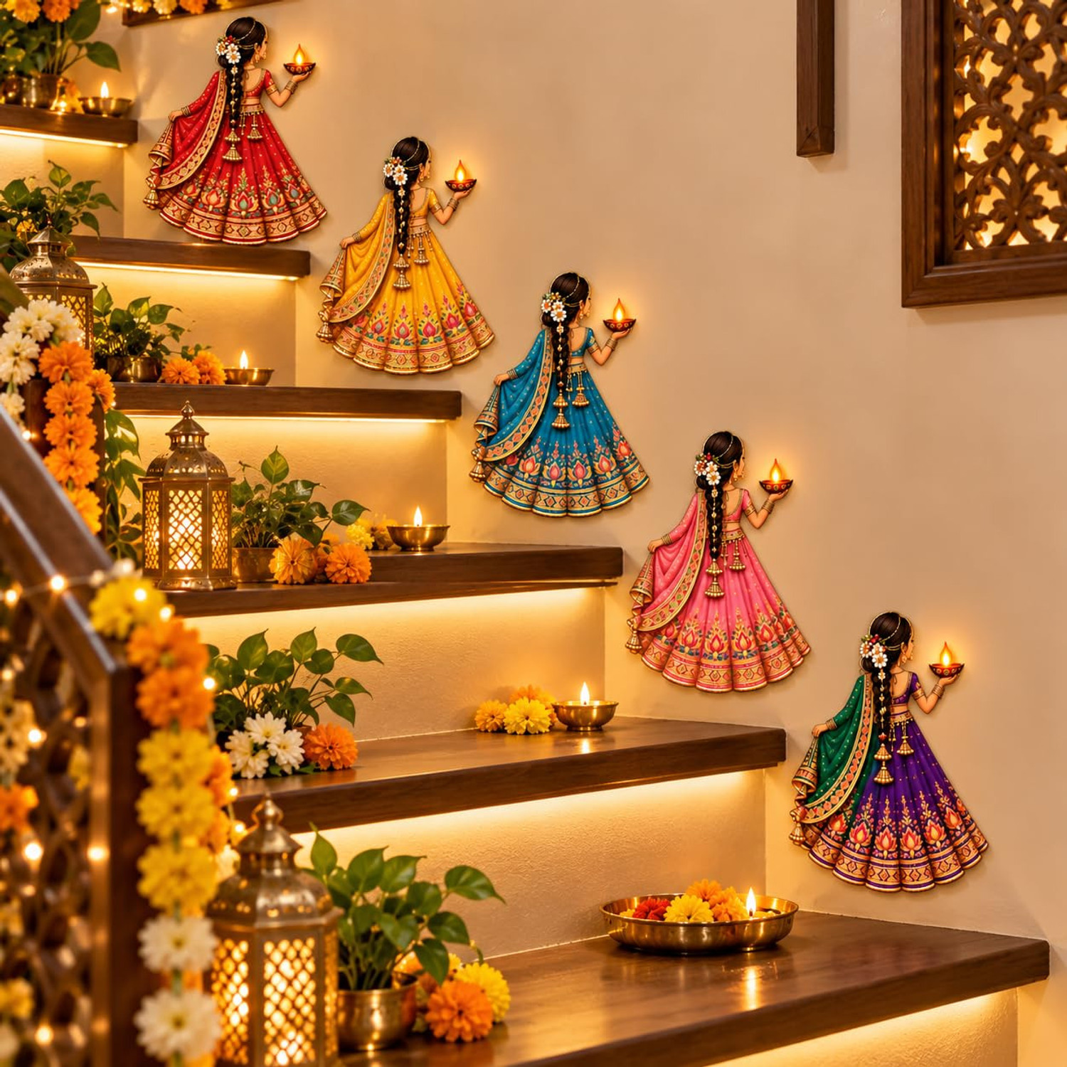 Image of TRANDORA Diwali Lady Holding Diya Wall Decor Pack of 6 (Red, Yellow, Blue, Pink, green and purple)