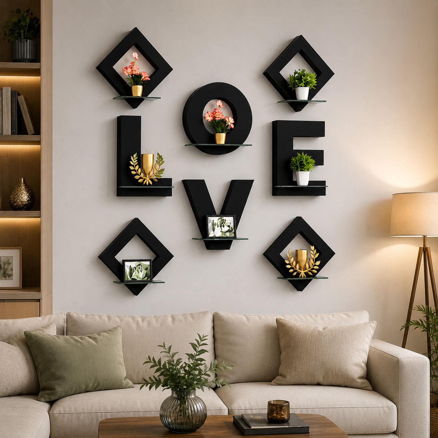Image of GORICREATIONS LOVE Wall Shelf Set - Modern Decorative Floating Shelves for Living Room TV Wall Pack of 2