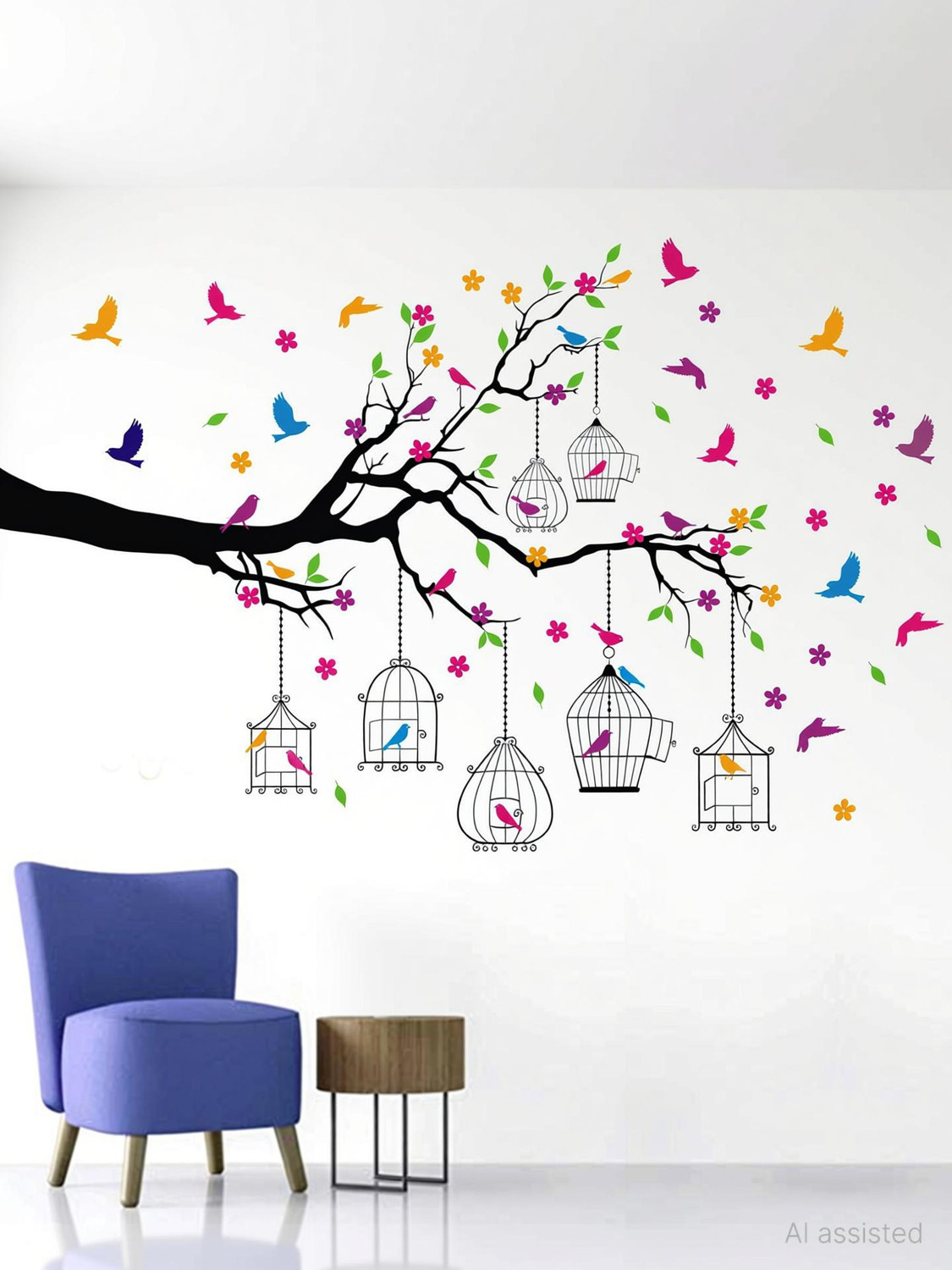 Image of WALL STICKS 150 cm Tree Birds Cage Branch - Flowers - Colourful - Decorative - Wall Sticker WS050 Non-Reusable Sticker