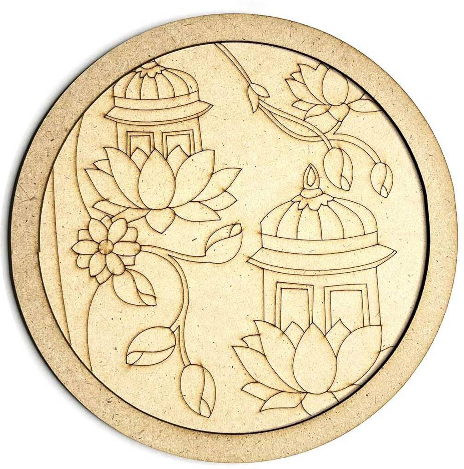 ADIKALA Temple With Lotus MDF Engraved Design Wall Plate With Frame DIY Craft