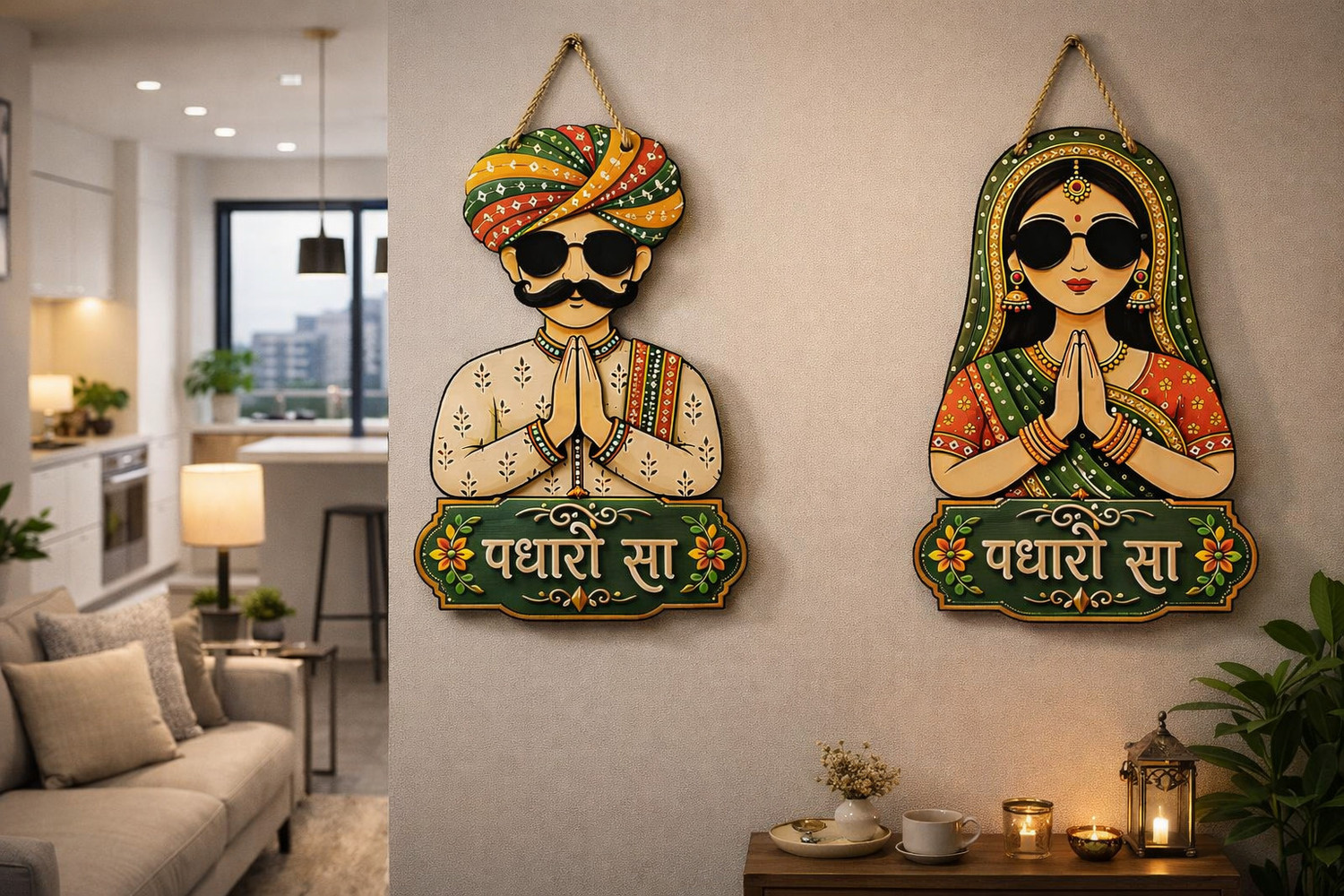 Image of TRANDORA Padharo Sa Welcome Sign Wooden Wall Hanging | Rajasthani Couple Decor Set Pack of 2