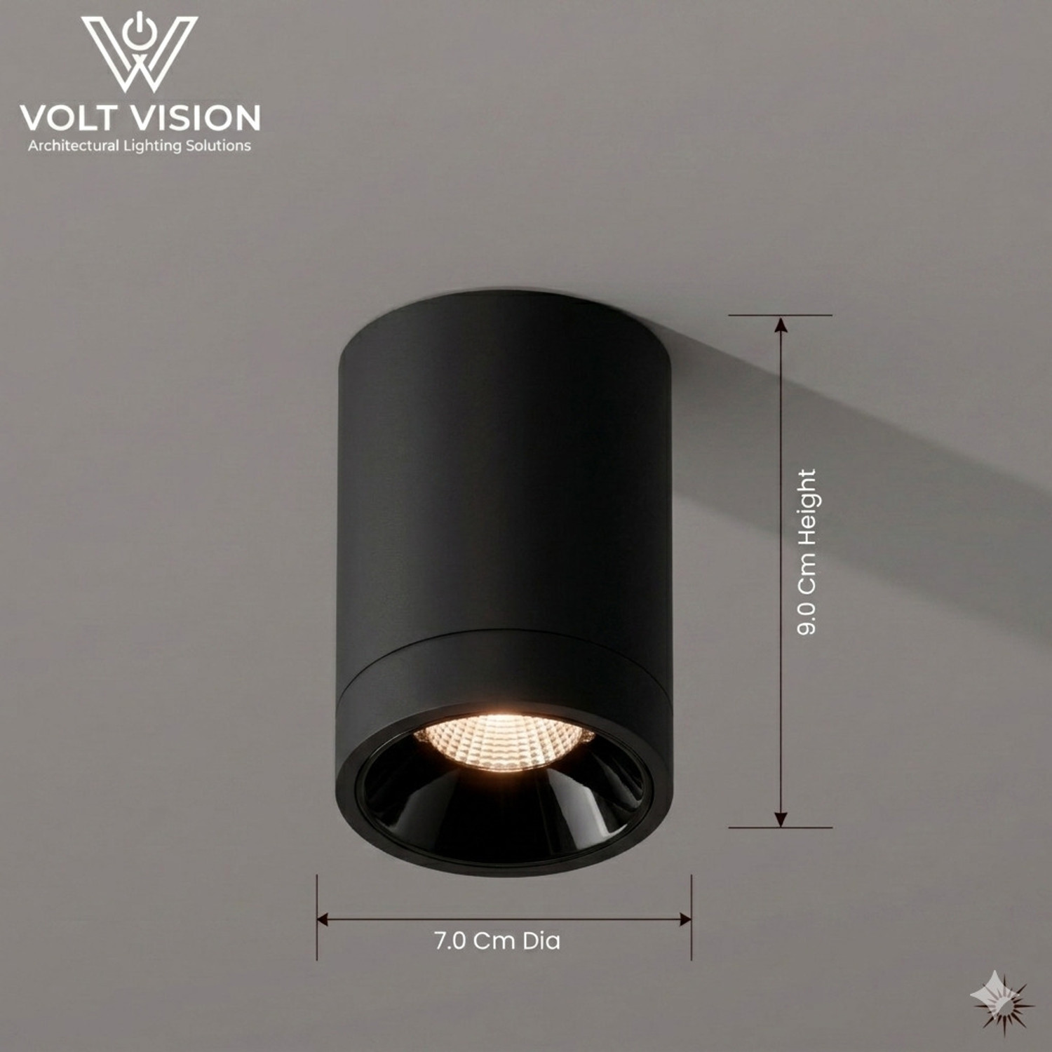 Image of Volt Vision 12 Watt Warm White Round Shape Cylindrical Surface Indoor Ceiling Mounted Spot Light COB Down Light with Aluminium Body - Black Body Black Shiny Pack of 1 Post Light Outdoor Lamp