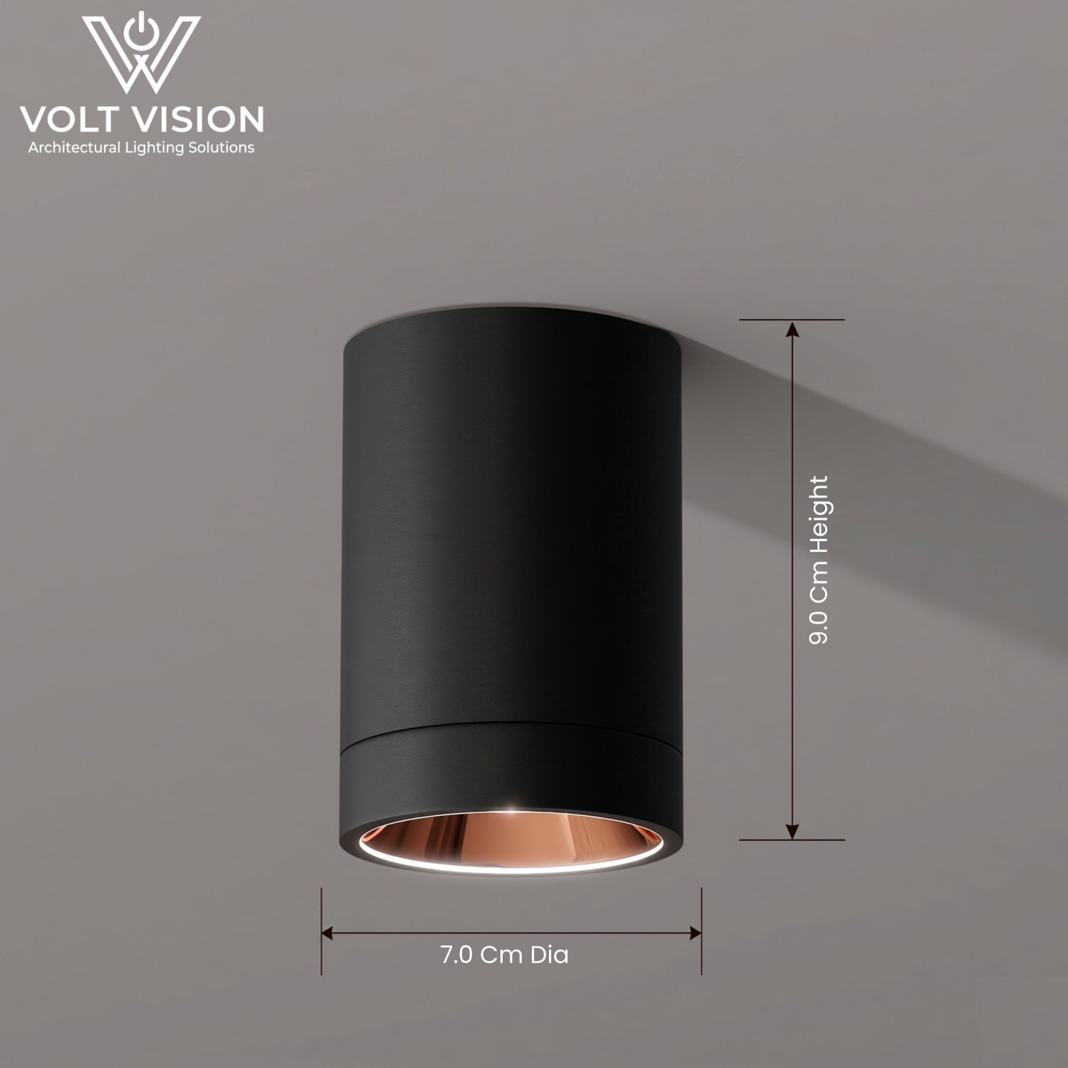 Image of Volt Vision 12 Watt Warm White Round Shape Cylindrical Surface Indoor Ceiling Mounted Spot Light COB Down Light with Aluminium Body - Black Body Rose Gold Pack of 1 Post Light Outdoor Lamp