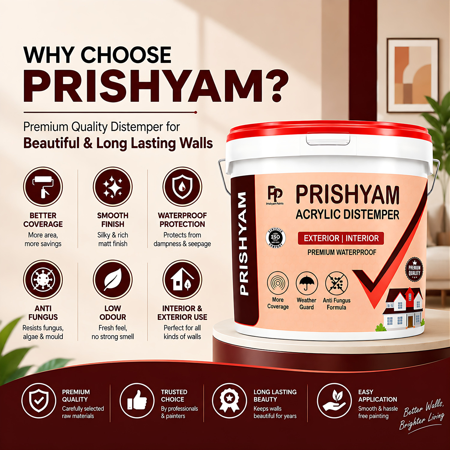Image of Prishyam Acrylic Distemper with Smooth Finish, High Coverage & Budget-Friendly White Distemper Wall Paint