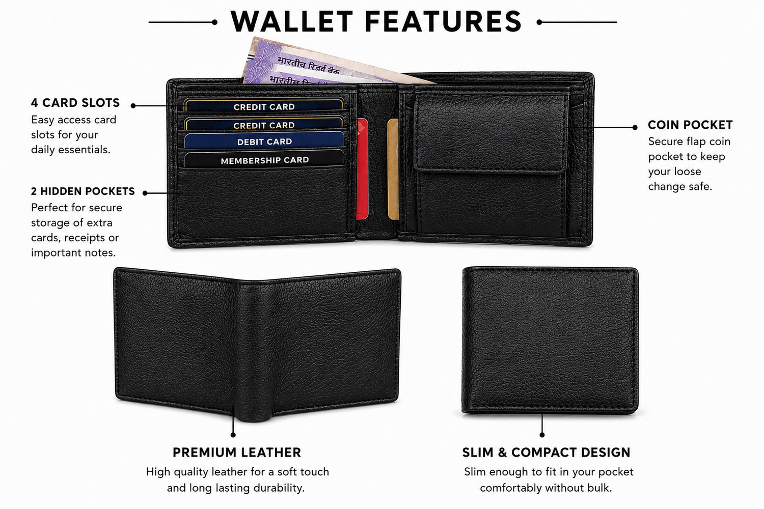 Image of Deor Men Evening /Party, Formal Black Genuine Leather Wallet