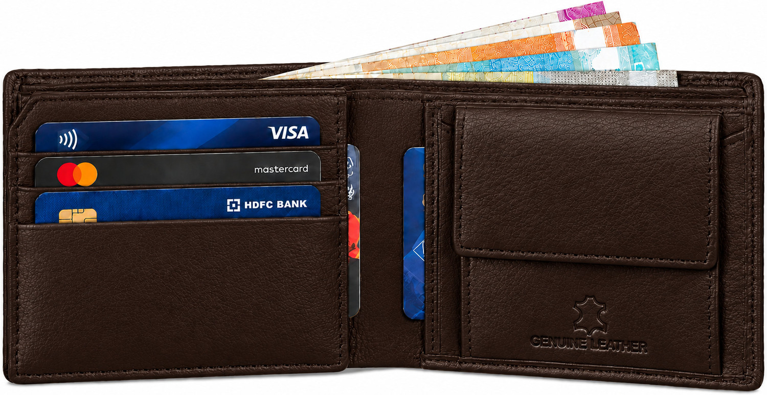 Image of WROGN Men Casual Brown Genuine Leather RFID Wallet (10 Card Slots)