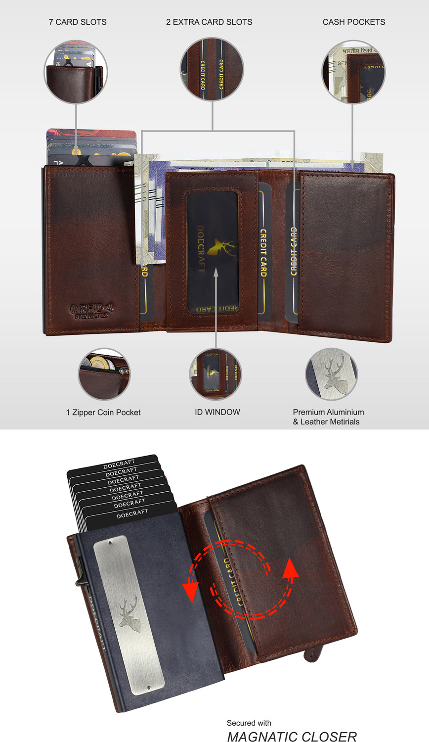 Image of DOECRAFT Men Casual, Formal Brown, Black Genuine Leather, Aluminium Wallet