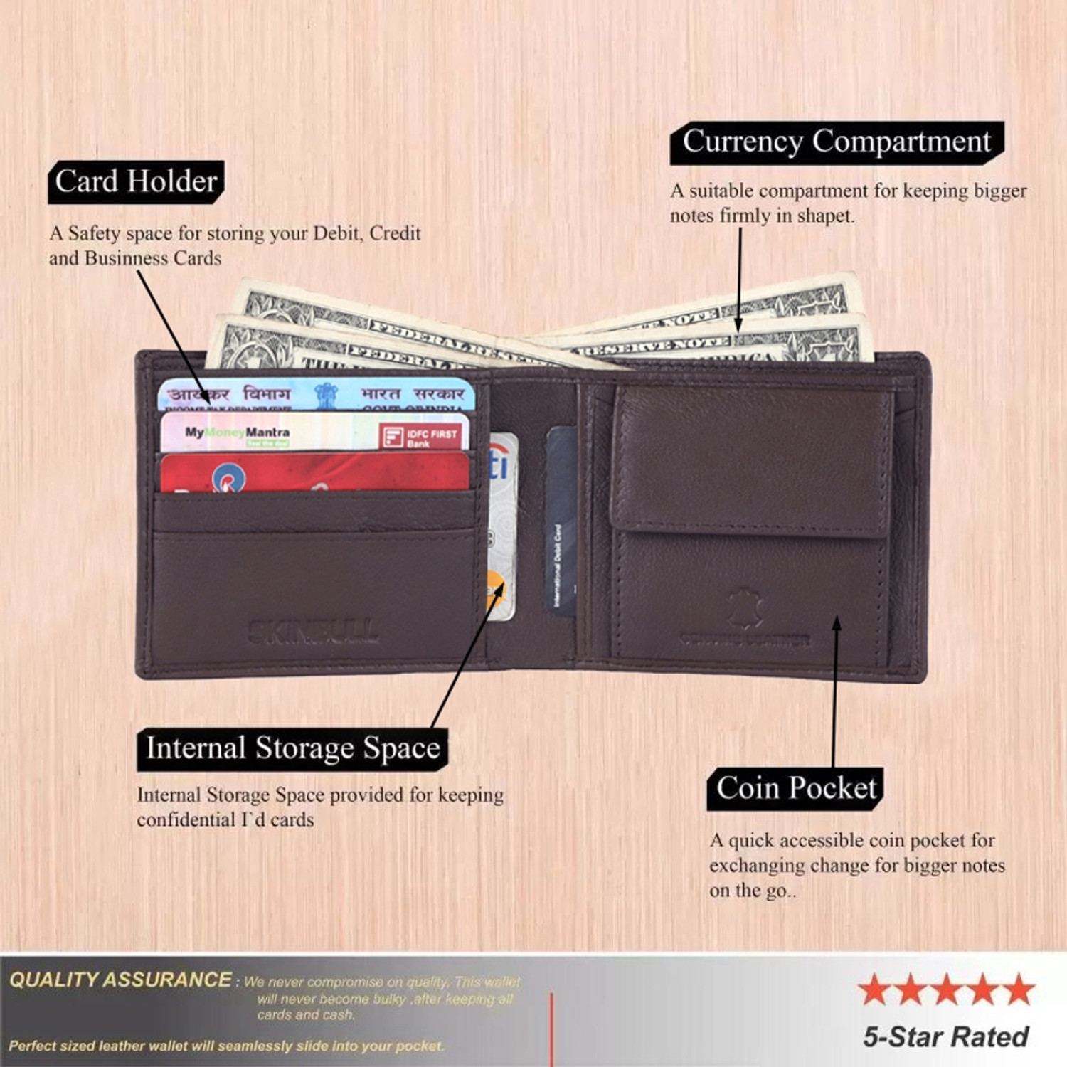 Image of SKINBULL Men Casual, Formal, Evening /Party Brown Genuine Leather RFID Wallet (5 Card Slots)