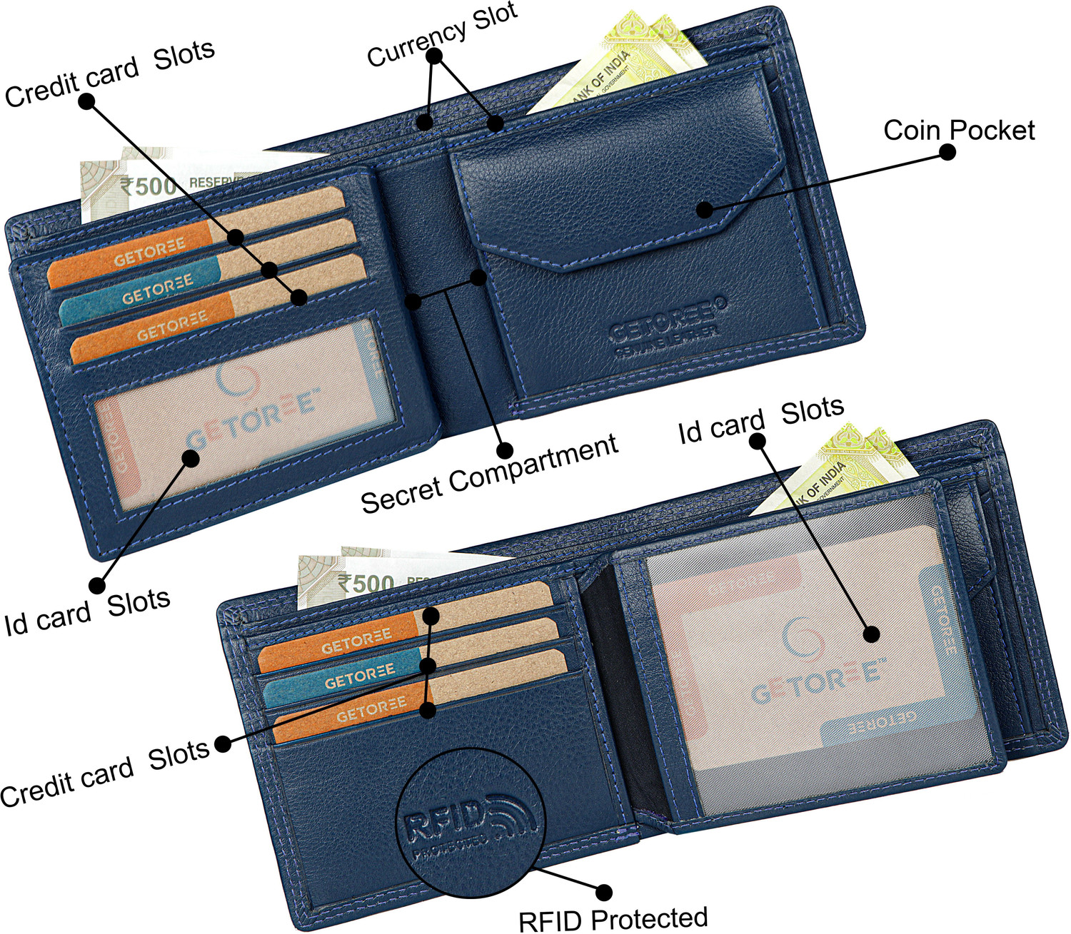 Image of GETOREE Men Casual Blue Genuine Leather Wallet