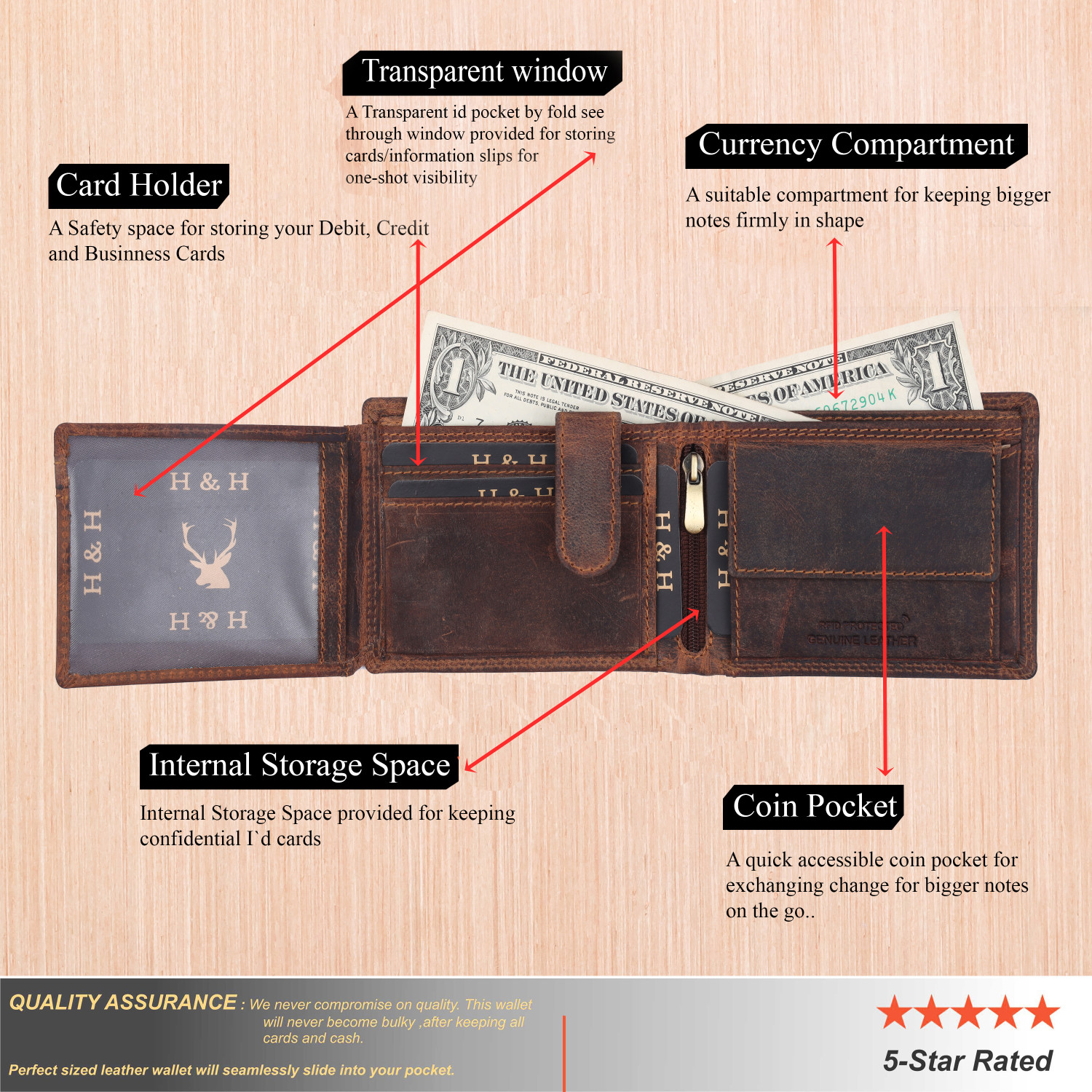 Image of H&H Men Trendy, Casual Brown Genuine Leather RFID Wallet (7 Card Slots)