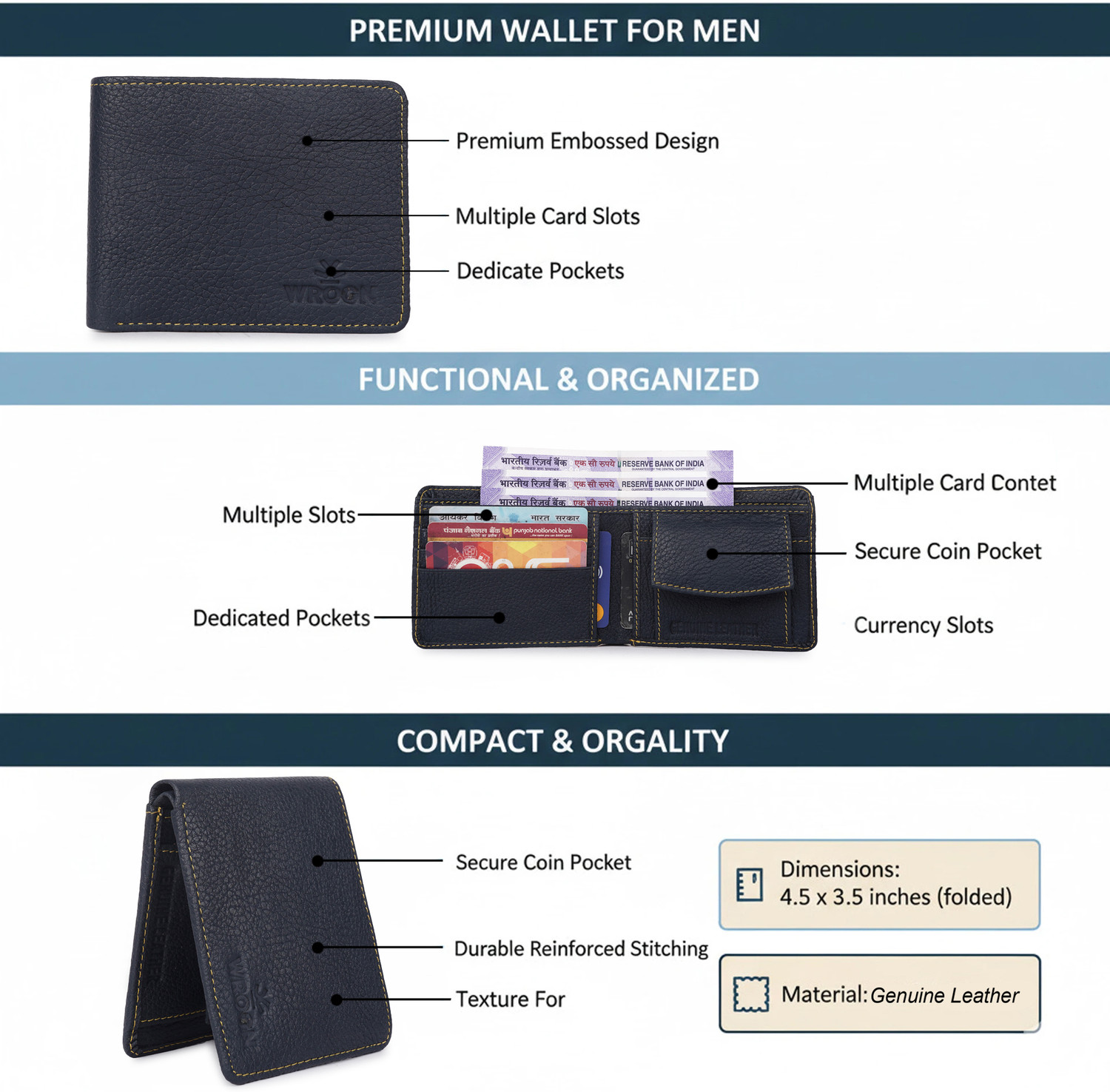 Image of WROGN Men Casual, Ethnic, Evening /Party, Formal, Travel, Trendy Blue Genuine Leather Wallet
