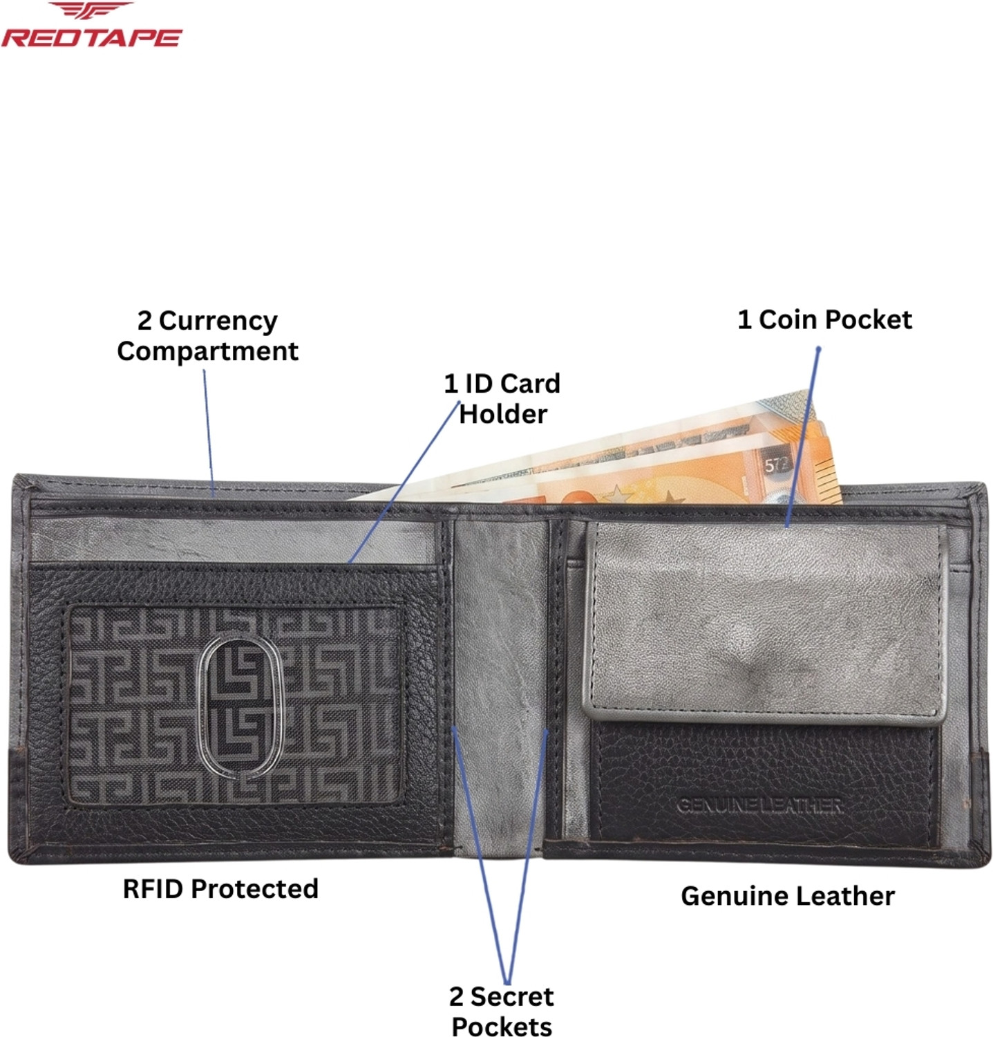 Image of RED TAPE Men Casual, Formal Black, Grey Genuine Leather RFID Wallet