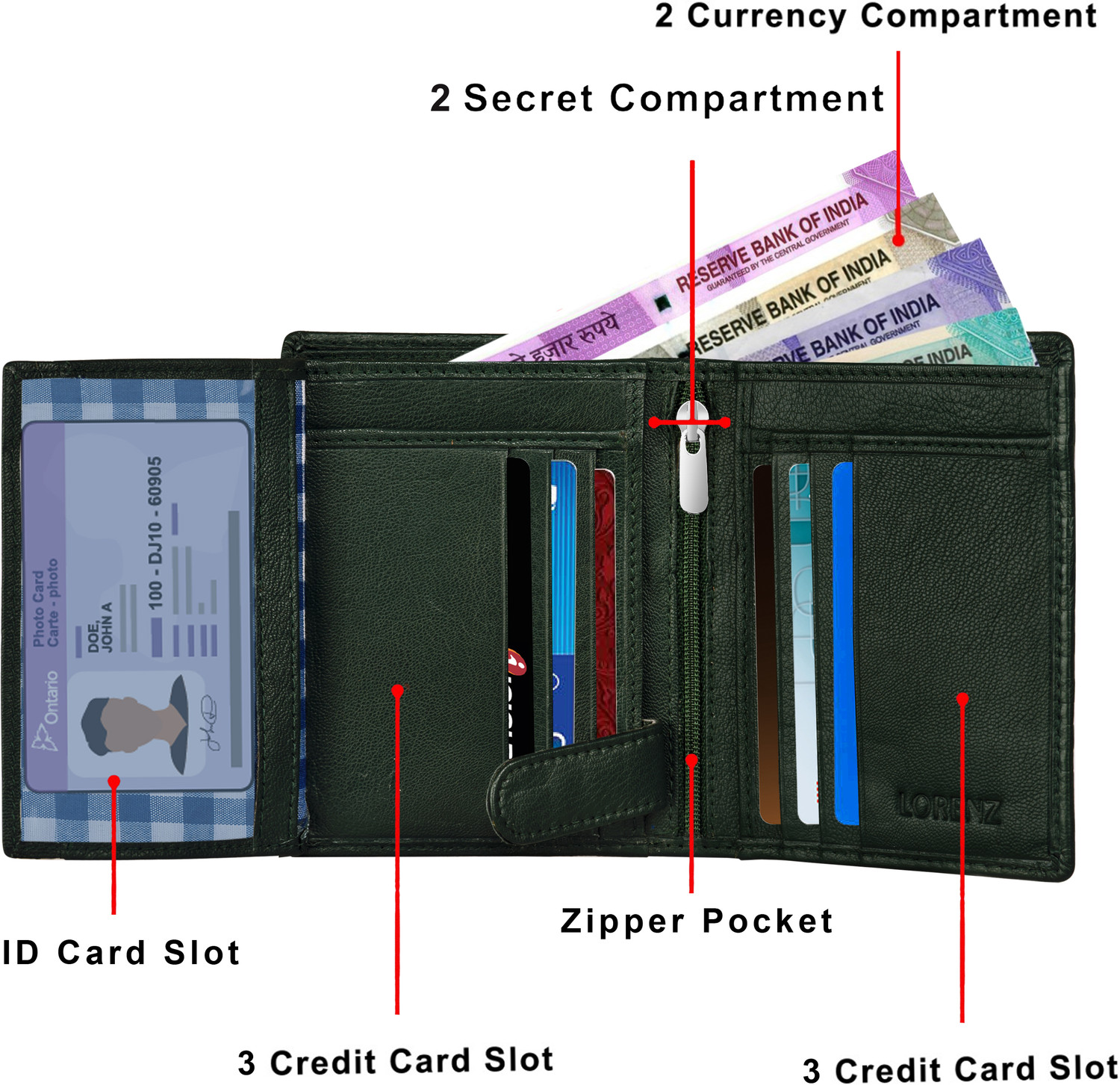 Image of LORENZ Men Casual, Formal Green Genuine Leather Wallet