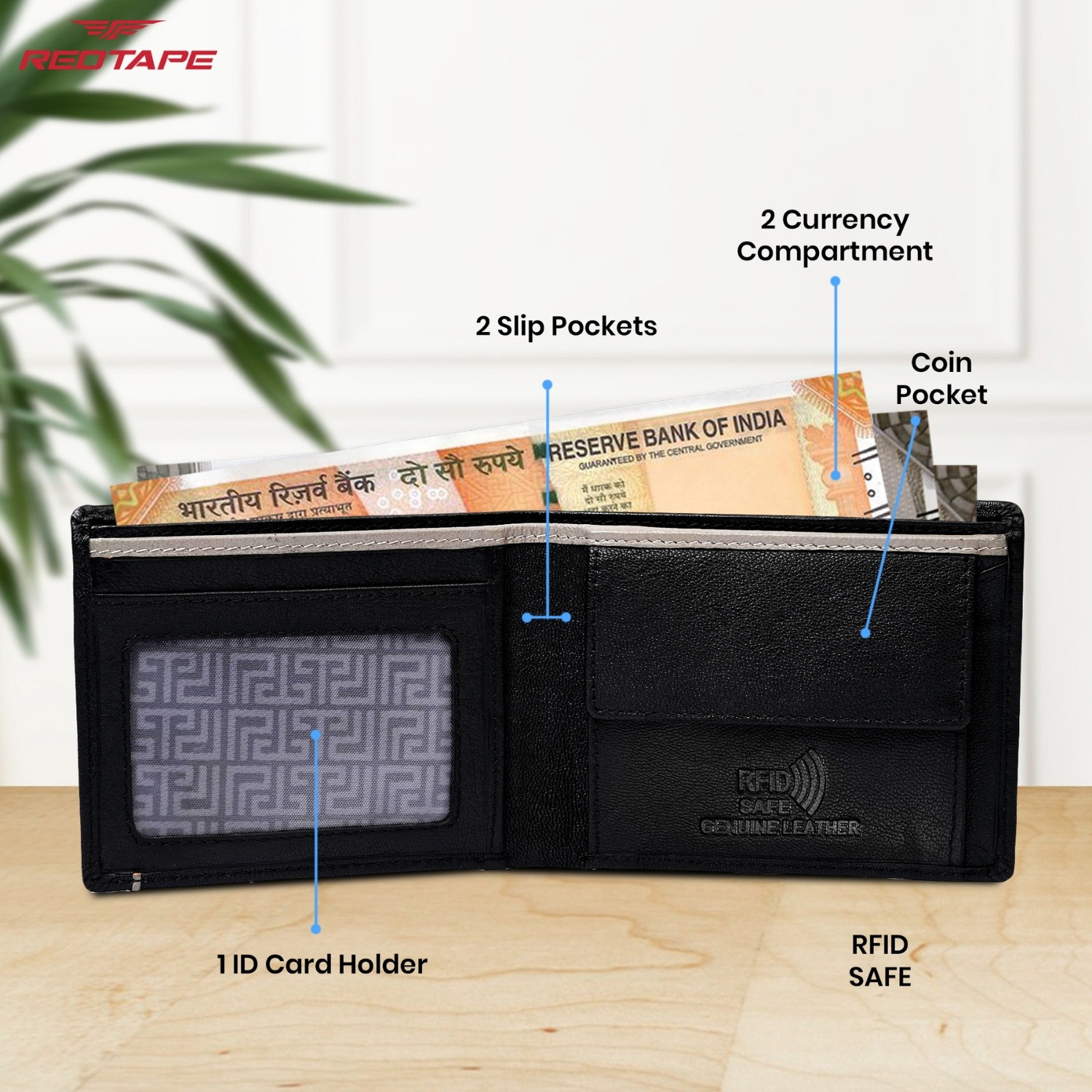 Image of RED TAPE Men Casual, Formal Black, Grey Genuine Leather Wallet