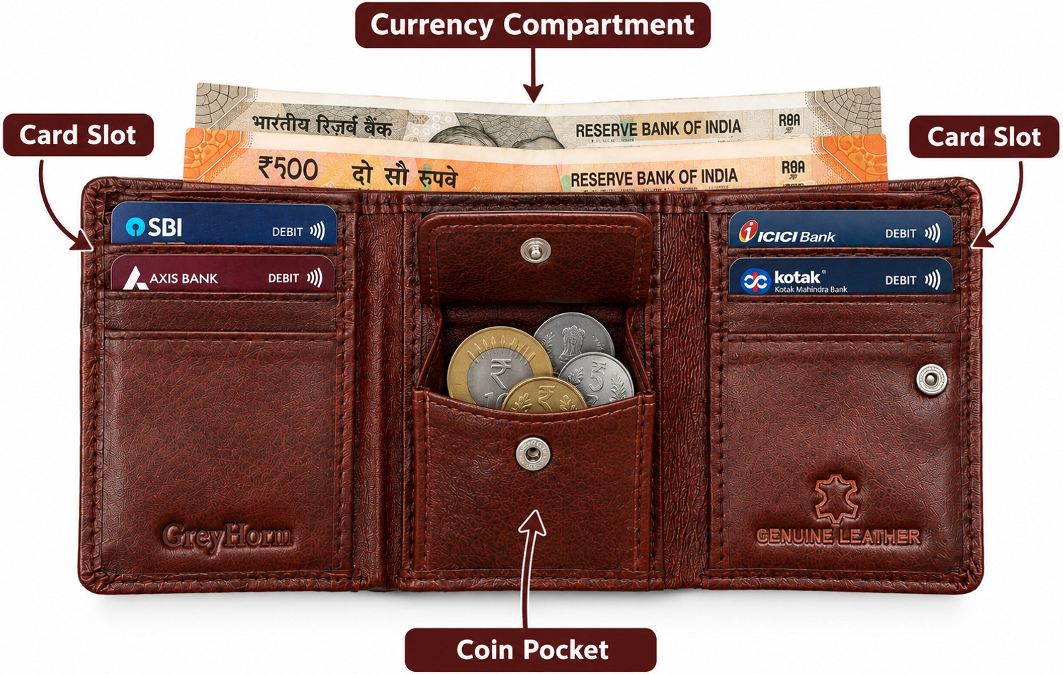 Image of Greyhorn Men Casual, Ethnic, Evening /Party, Formal, Travel, Trendy Brown Genuine Leather RFID Wallet (8 Card Slots)