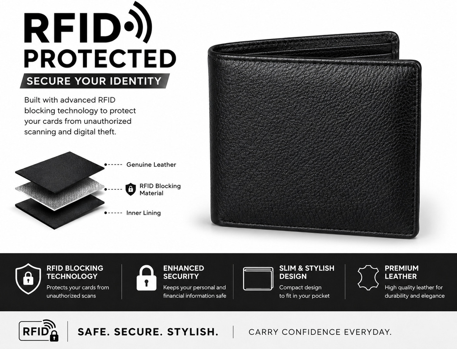 Image of Deor Men Evening /Party, Formal Black Genuine Leather Wallet