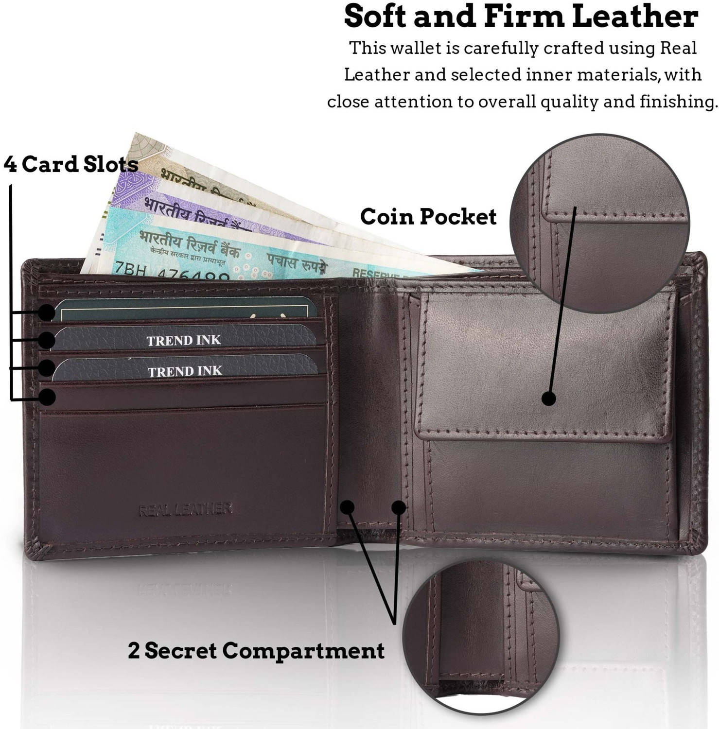 Image of TrendInks Men Casual, Ethnic, Evening /Party, Formal, Travel, Trendy Brown Genuine Leather Wallet