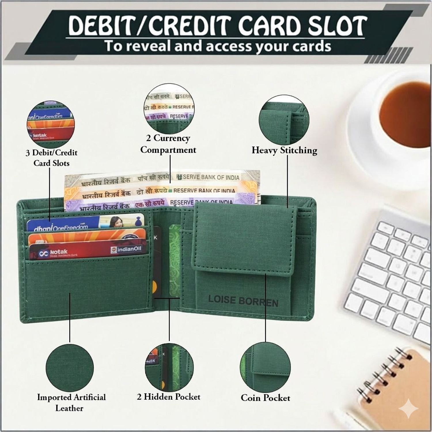 Image of LOISE CRAFT Men Casual, Evening /Party Green Artificial Leather Wallet