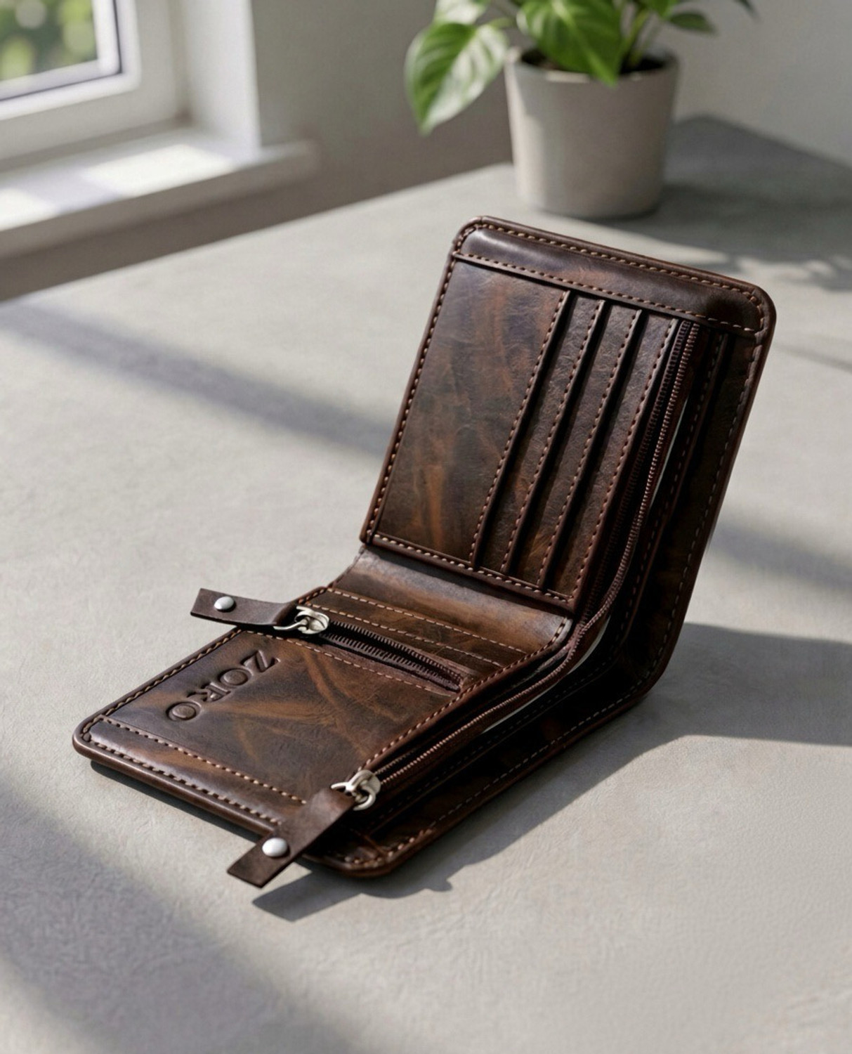 Image of ZORO Men Travel, Trendy, Evening /Party, Formal, Ethnic, Casual Brown Genuine Leather Wallet (5 Card Slots)
