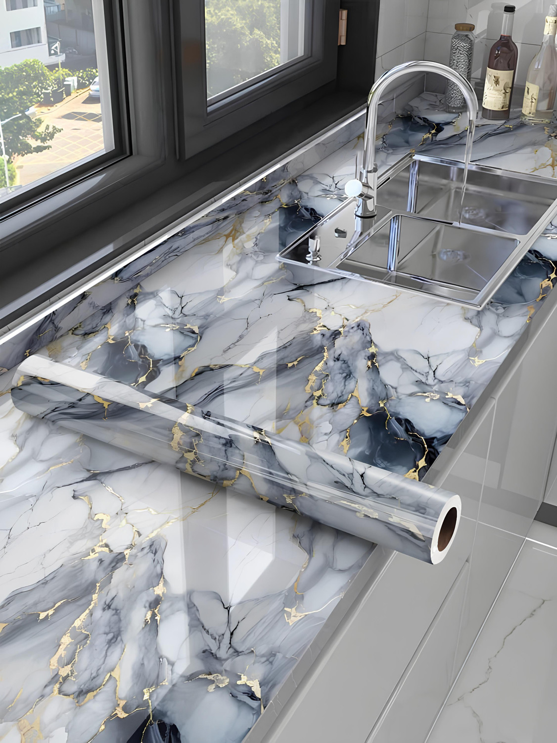 Image of voltify 200 cm Waterproof Wall Sticker For Kitchen & Home Decor - Glossy Marble Pattern Self Adhesive Sticker